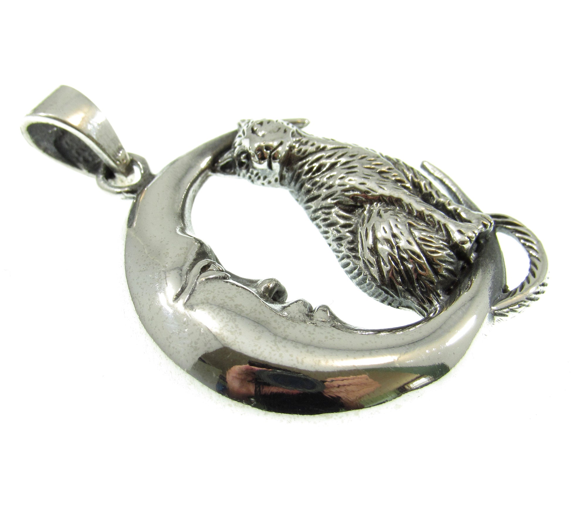 Solid 925 Sterling Silver Cat Familiar on Crescent Moon Pendant, Pagan Amulet, Witchy Jewelry