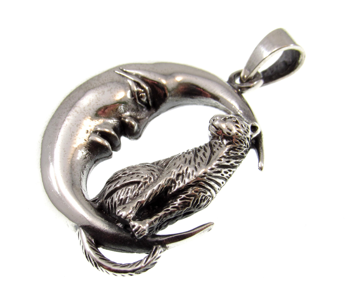 Solid 925 Sterling Silver Cat Familiar on Crescent Moon Pendant, Pagan Amulet, Witchcore Jewelry Necklace Charm, Cat Lover Gift