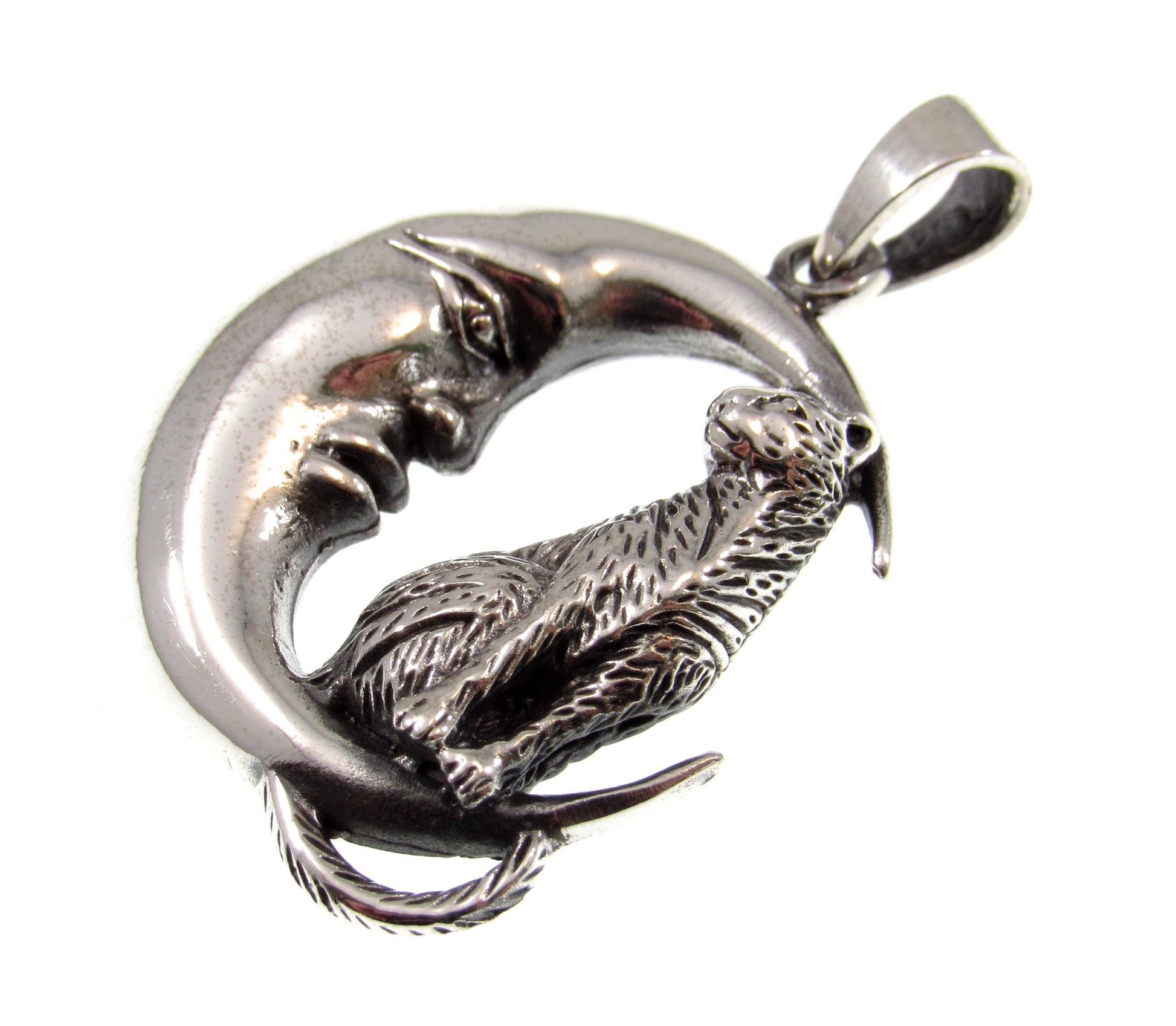 Solid 925 Sterling Silver Cat Familiar on Crescent Moon Pendant, Pagan Amulet, Witchcore Jewelry Necklace Charm, Cat Lover Gift