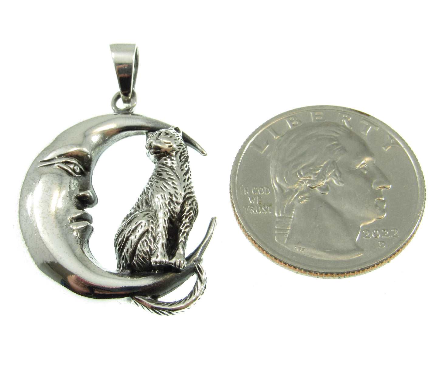 Solid 925 Sterling Silver Cat Familiar on Crescent Moon Pendant, Pagan Amulet, Witchy Jewelry