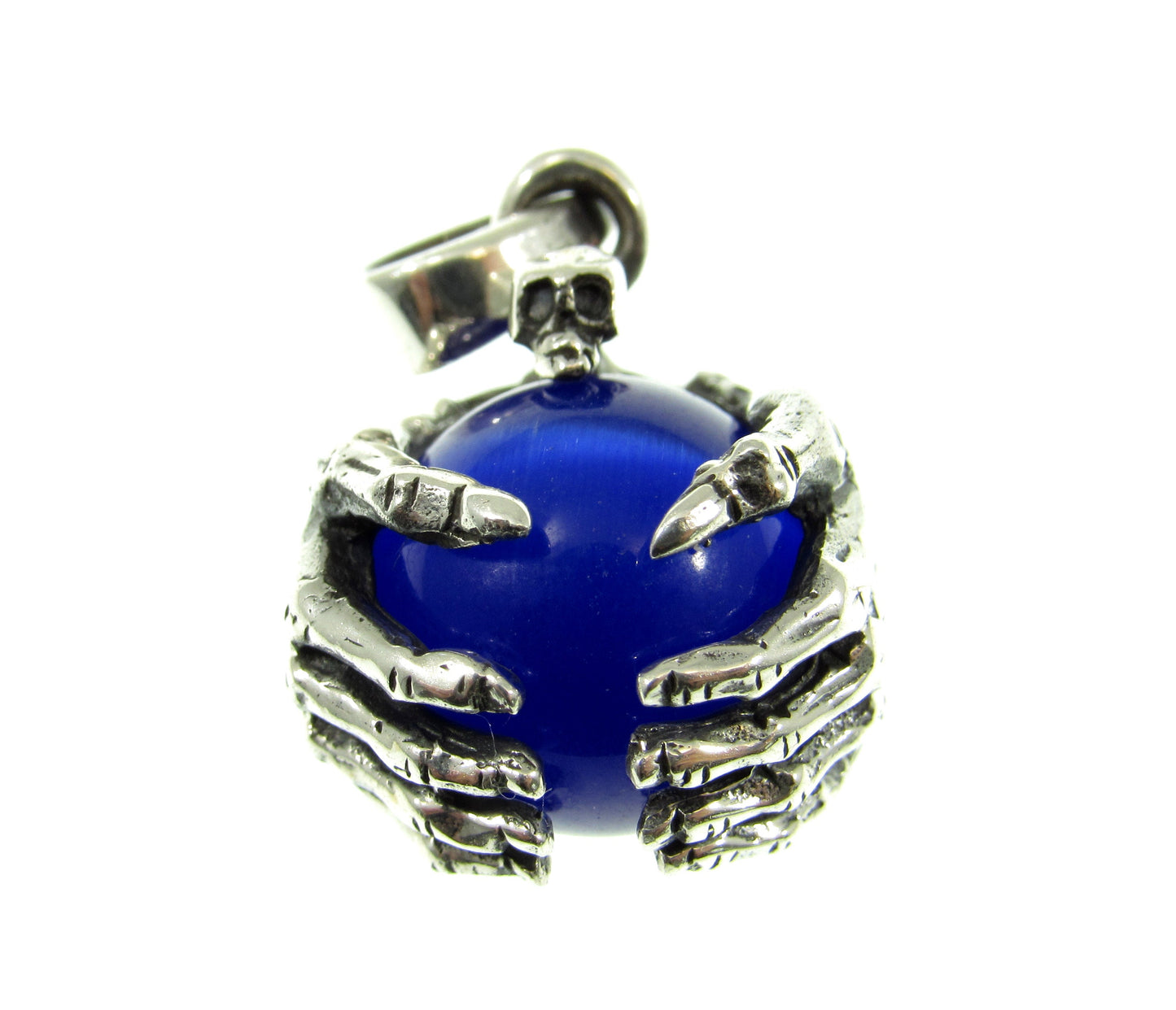 Solid 925 Sterling Silver Skull And Skeleton Hands Pendant, Blue Cat's Eye Quartz Gemstone Sphere, Necklace Pendant, Gothic Jewelry for Men