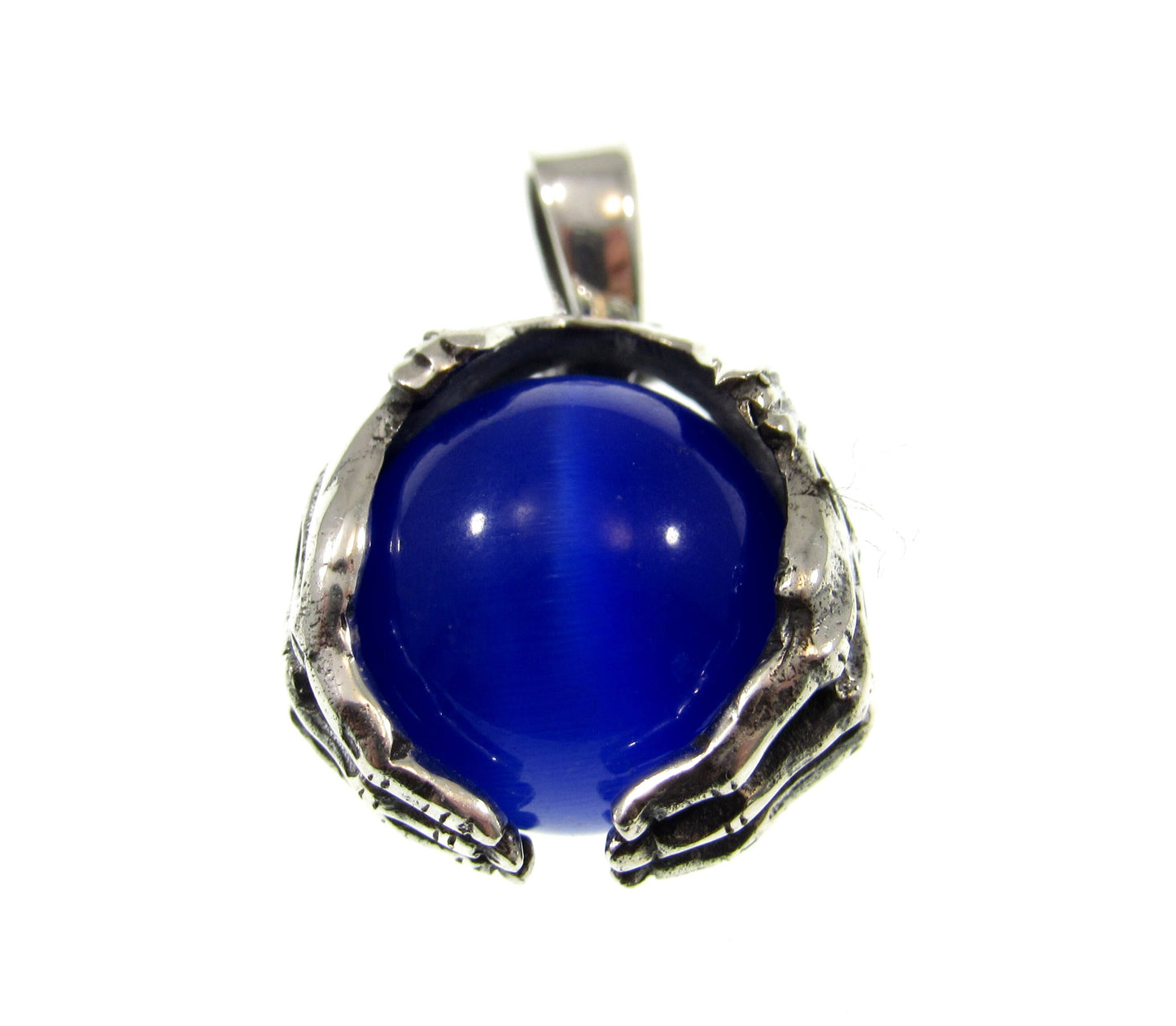 Solid 925 Sterling Silver Skull And Skeleton Hands Pendant, Blue Cat's Eye Quartz Gemstone Sphere, Necklace Pendant, Gothic Jewelry for Men