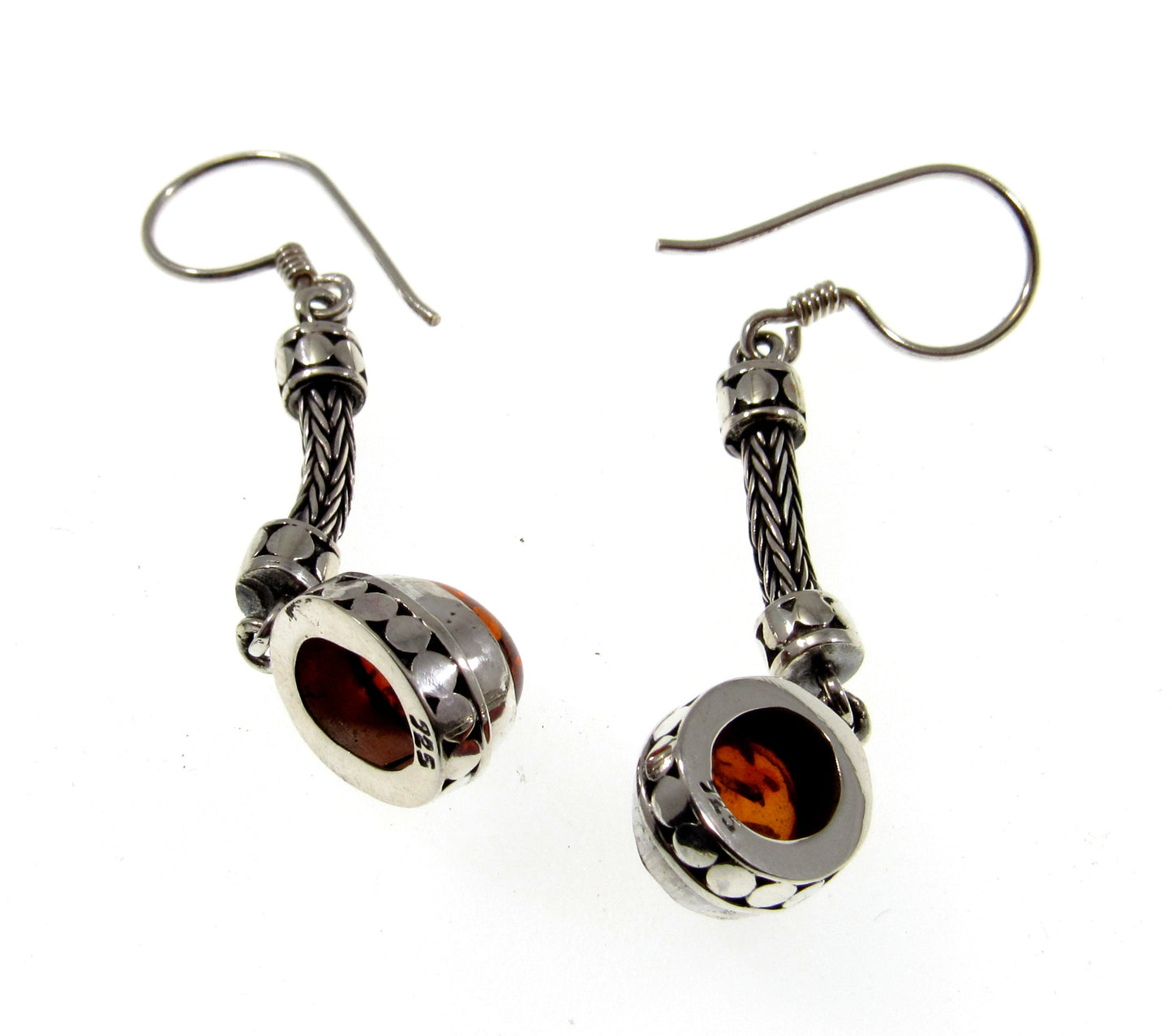 Solid 925 Sterling Silver Tribal Balinese Earrings, Handcrafted Foxtail Weave Baltic Amber Drop Dangle Hook Earrings, Made in Bali