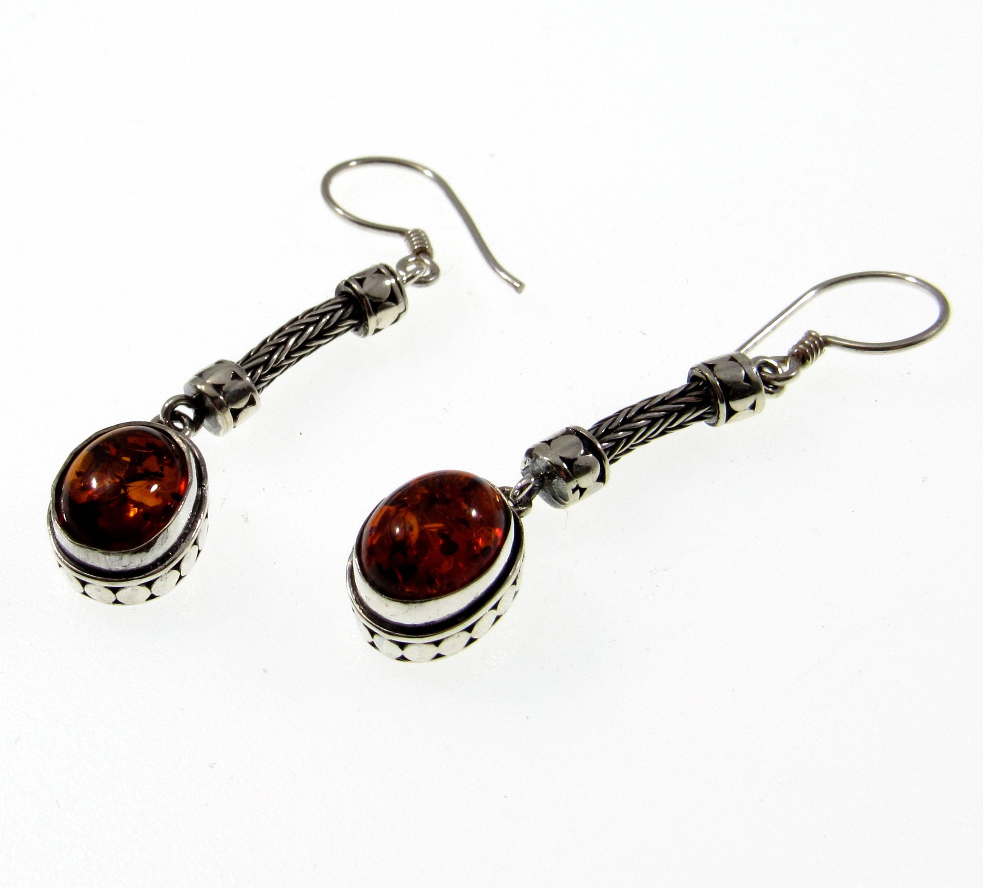 Solid 925 Sterling Silver Tribal Balinese Earrings, Handcrafted Foxtail Weave Baltic Amber Drop Dangle Hook Earrings, Made in Bali