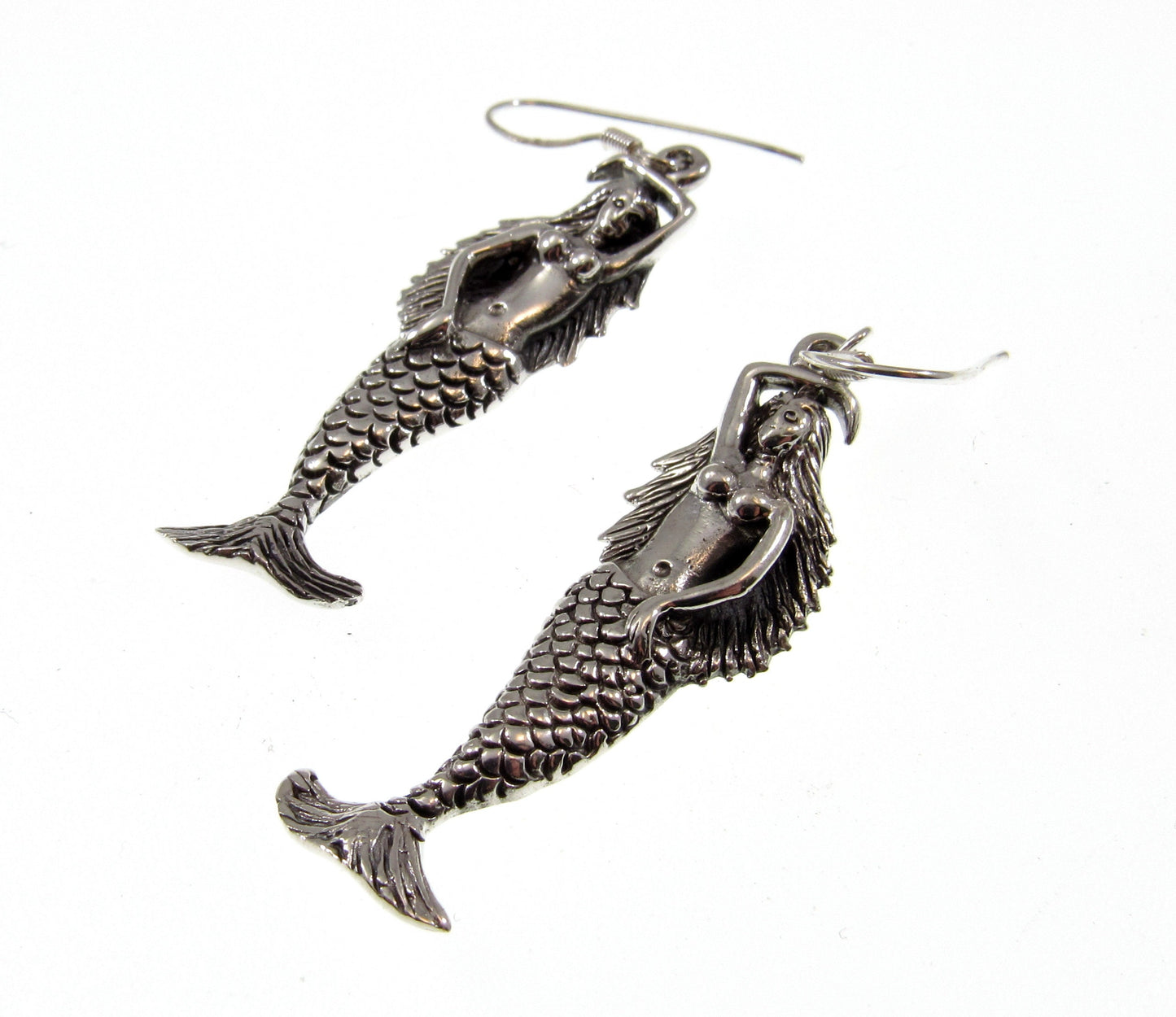 Solid 925 Sterling Silver Sea Siren Mermaid Earrings, Handcrafted Atargatis Drop Dangle Hook Earrings, Water Nymph Jewelry