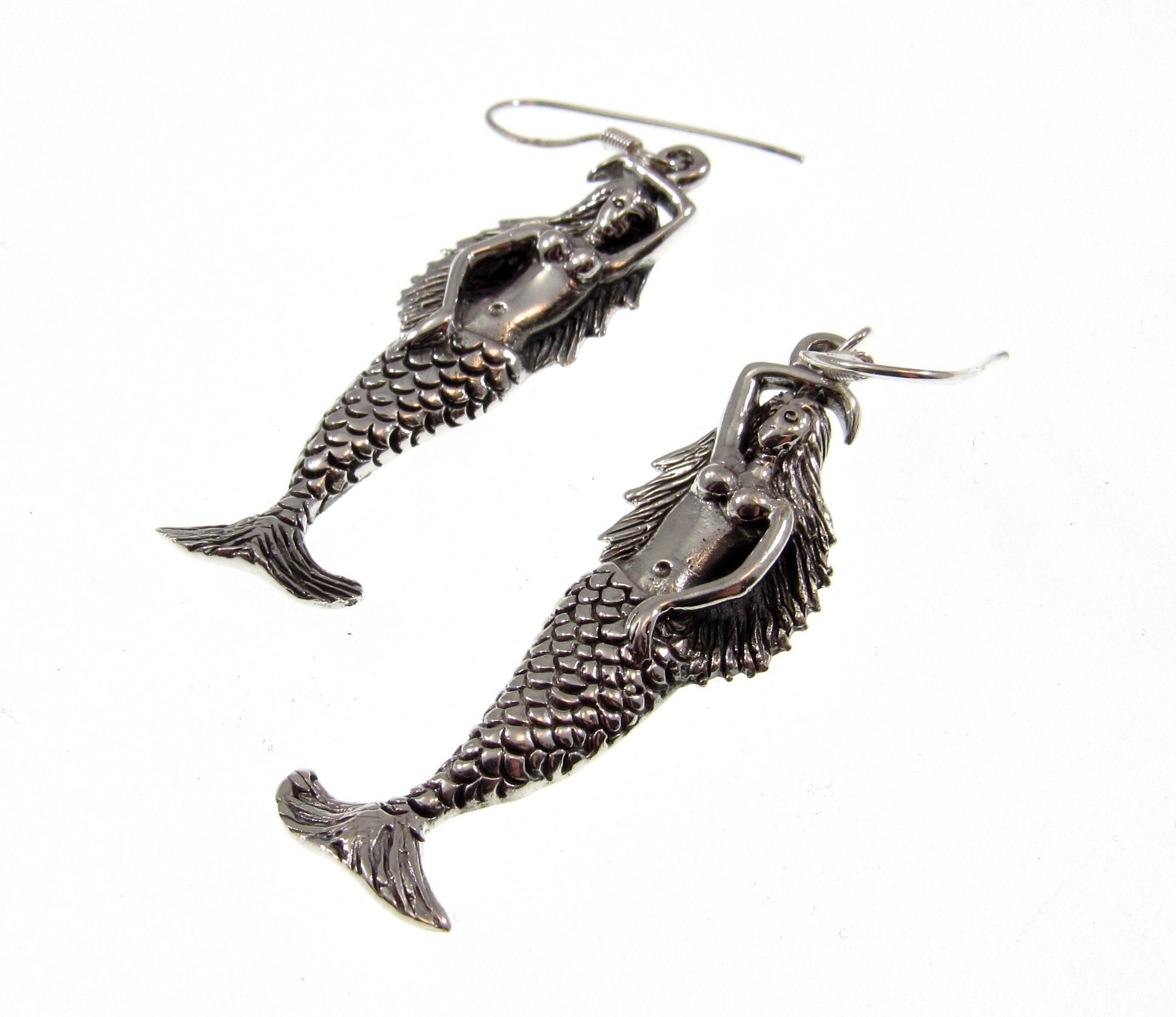 Solid 925 Sterling Silver Sea Siren Mermaid Earrings, Handcrafted Atargatis Drop Dangle Hook Earrings, Water Nymph Jewelry