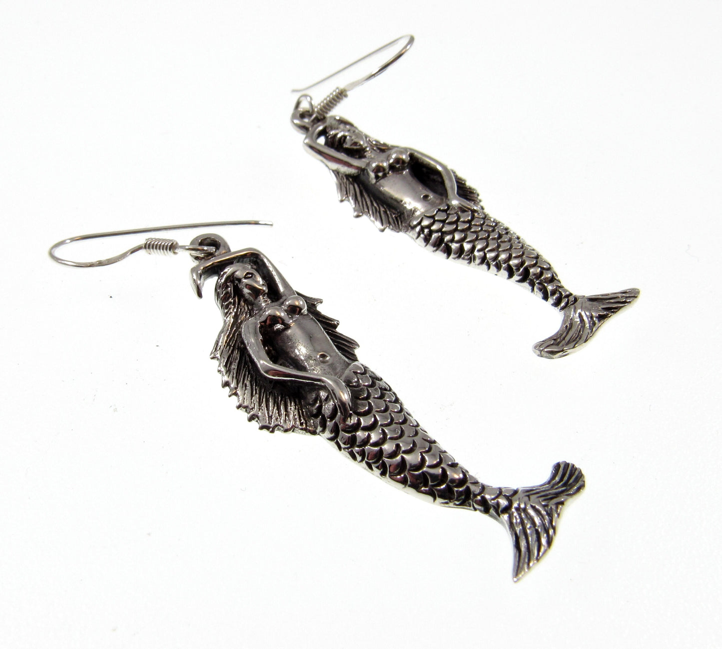 Solid 925 Sterling Silver Sea Siren Mermaid Earrings, Handcrafted Atargatis Drop Dangle Hook Earrings, Water Nymph Jewelry