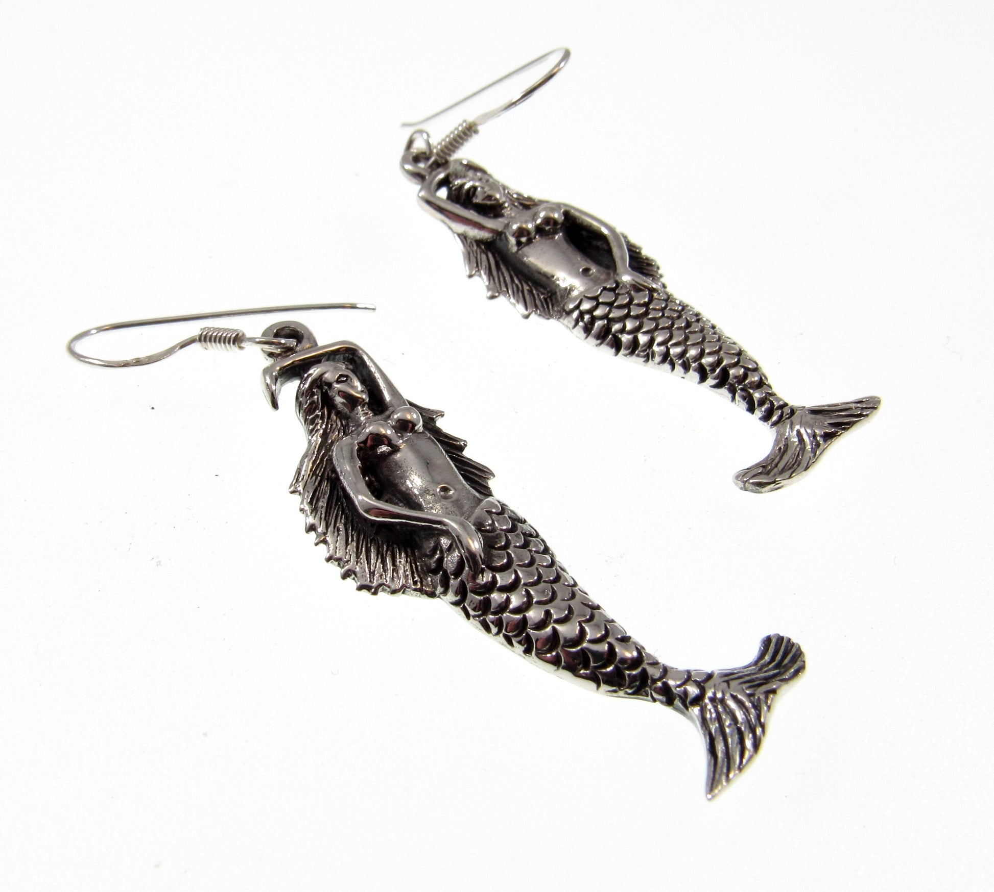 Solid 925 Sterling Silver Sea Siren Mermaid Earrings, Handcrafted Atargatis Drop Dangle Hook Earrings, Water Nymph Jewelry