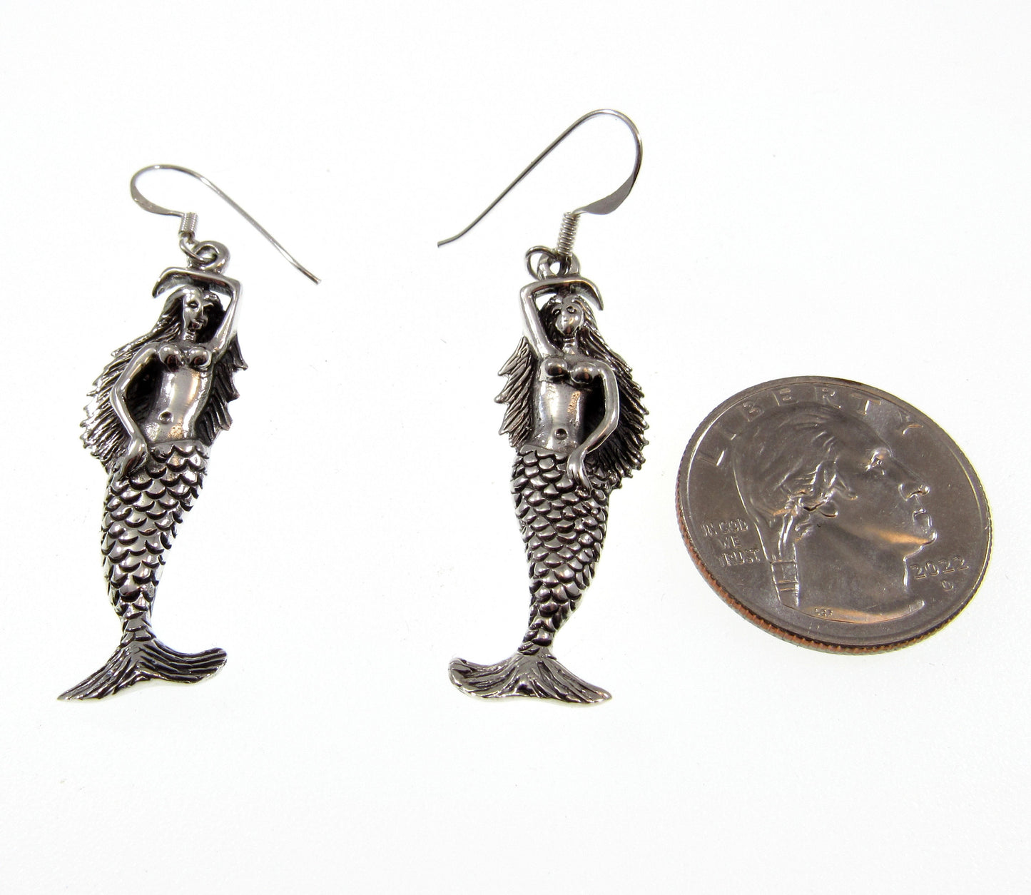 Solid 925 Sterling Silver Sea Siren Mermaid Earrings, Handcrafted Atargatis Drop Dangle Hook Earrings, Water Nymph Jewelry