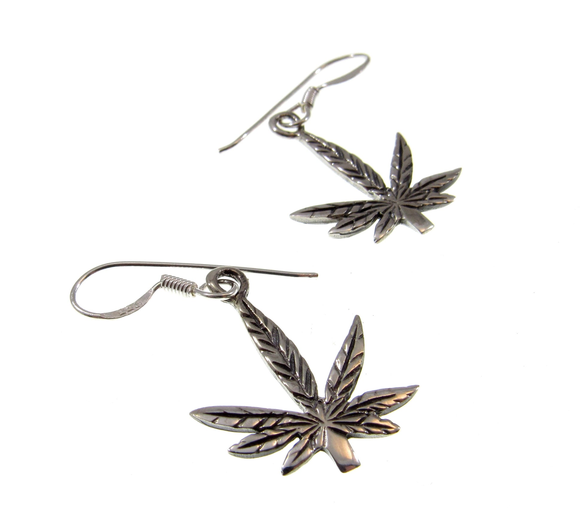 Solid 925 Sterling Silver Marijuana Leaf Earrings, Handcrafted Drop Dangle Hook Earrings, Mary Jane Ganja Leaves Jewelry