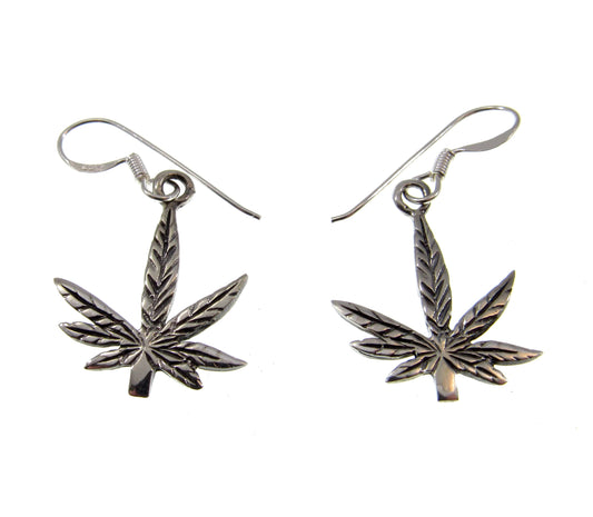 Solid 925 Sterling Silver Marijuana Leaf Earrings, Handcrafted Drop Dangle Hook Earrings, Mary Jane Ganja Leaves Jewelry