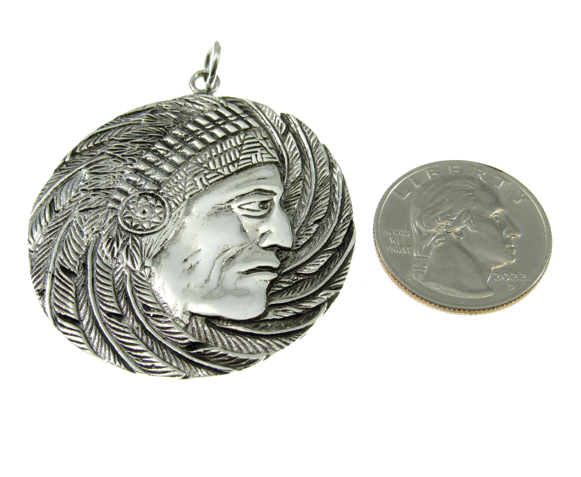 Solid 925 Sterling Silver Giant Indian Chief with Headdress Pendant, Large Handcrafted Medallion