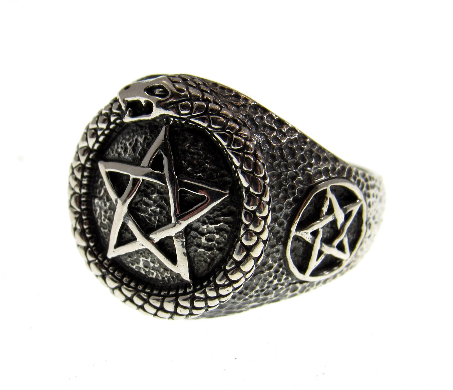 Solid 925 Sterling Silver Men's Ouroboros Pentacle Pentagram Ring, Handcrafted Signet Ring Pendant on Nylon Cord, Sizes 10-14