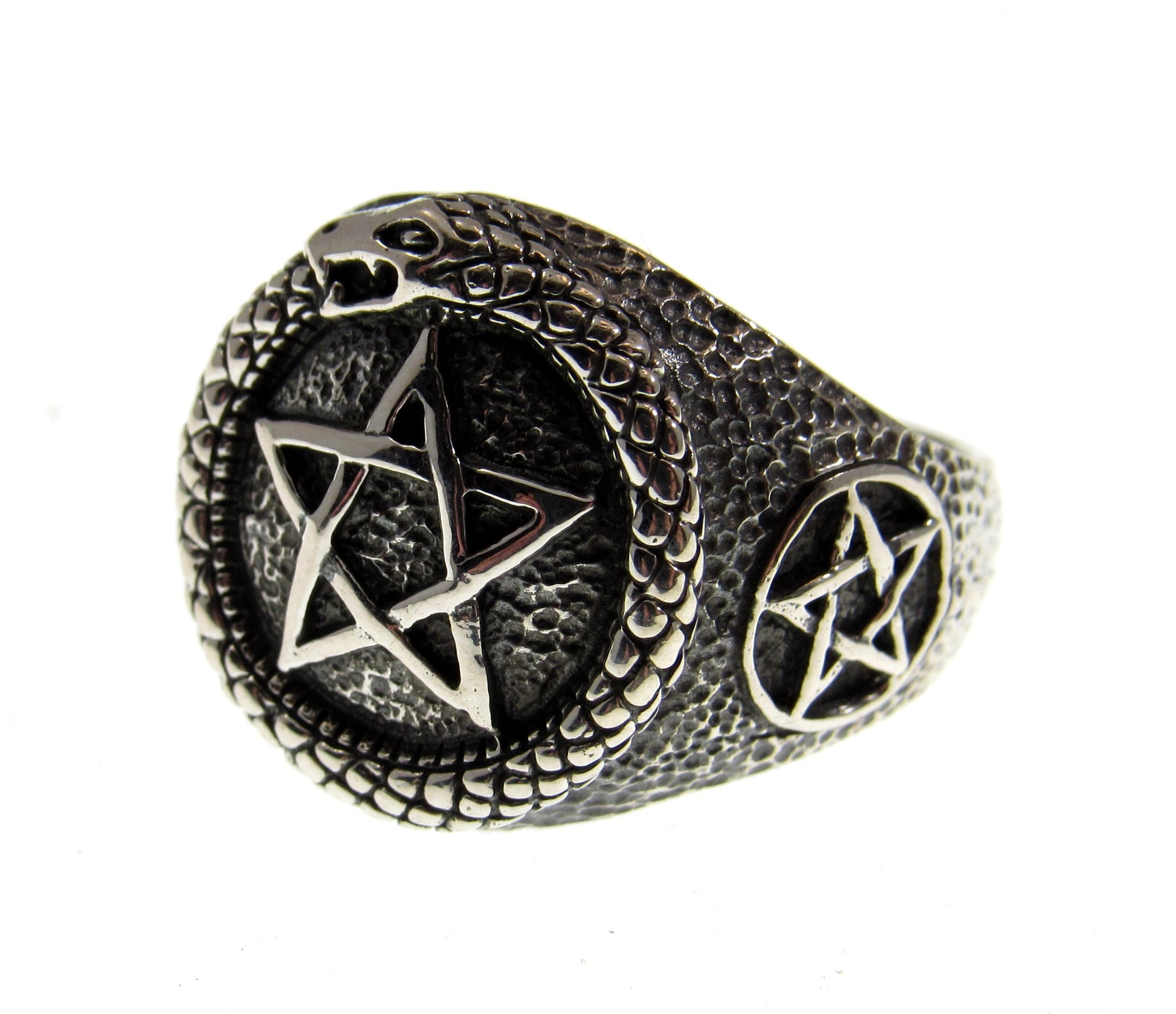 Solid 925 Sterling Silver Men's Ouroboros Pentacle Pentagram Ring, Handcrafted Signet Ring Pendant on Nylon Cord, Sizes 10-14