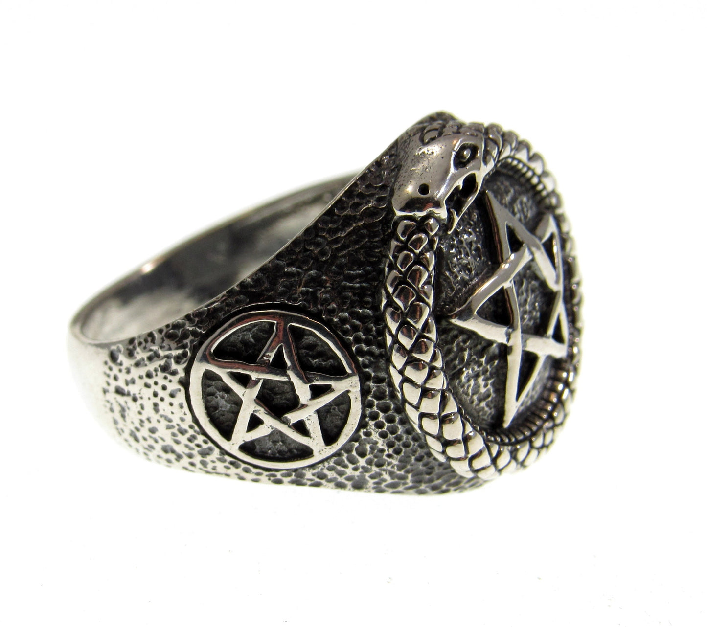Solid 925 Sterling Silver Men's Ouroboros Pentacle Pentagram Ring, Handcrafted Signet Ring Pendant on Nylon Cord, Sizes 10-14