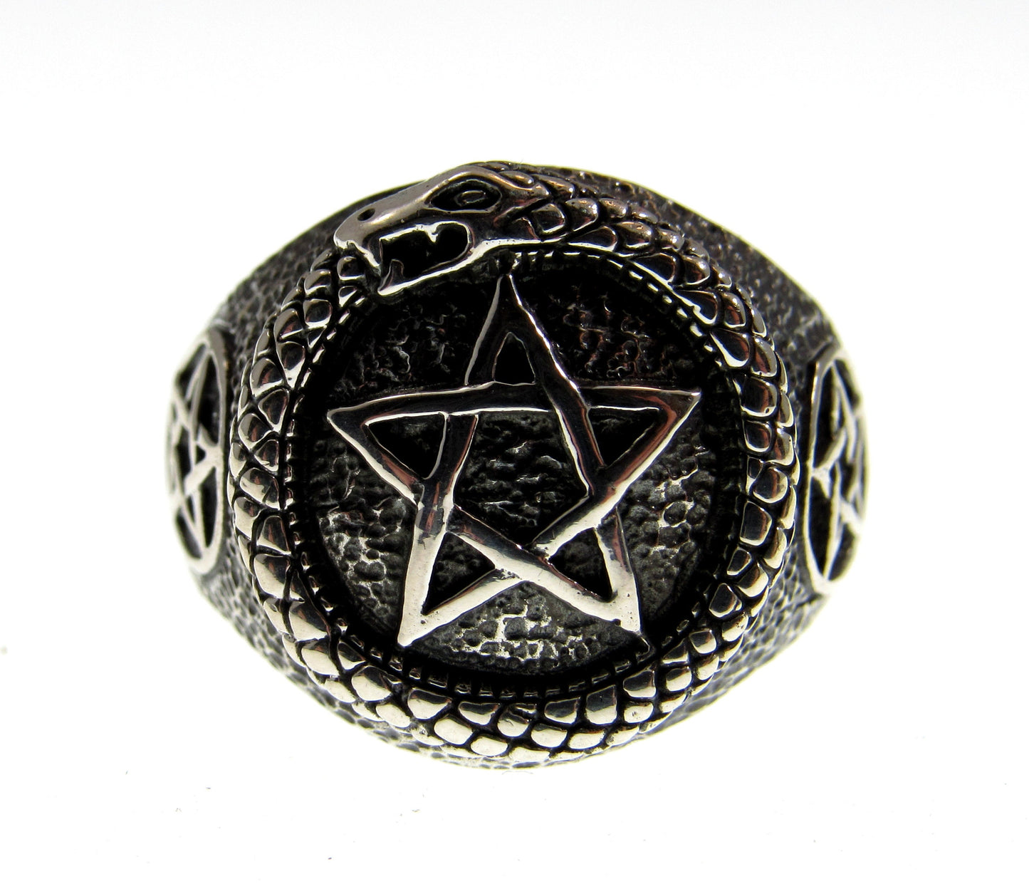 Solid 925 Sterling Silver Men's Ouroboros Pentacle Pentagram Ring, Handcrafted Signet Ring Pendant on Nylon Cord, Sizes 10-14