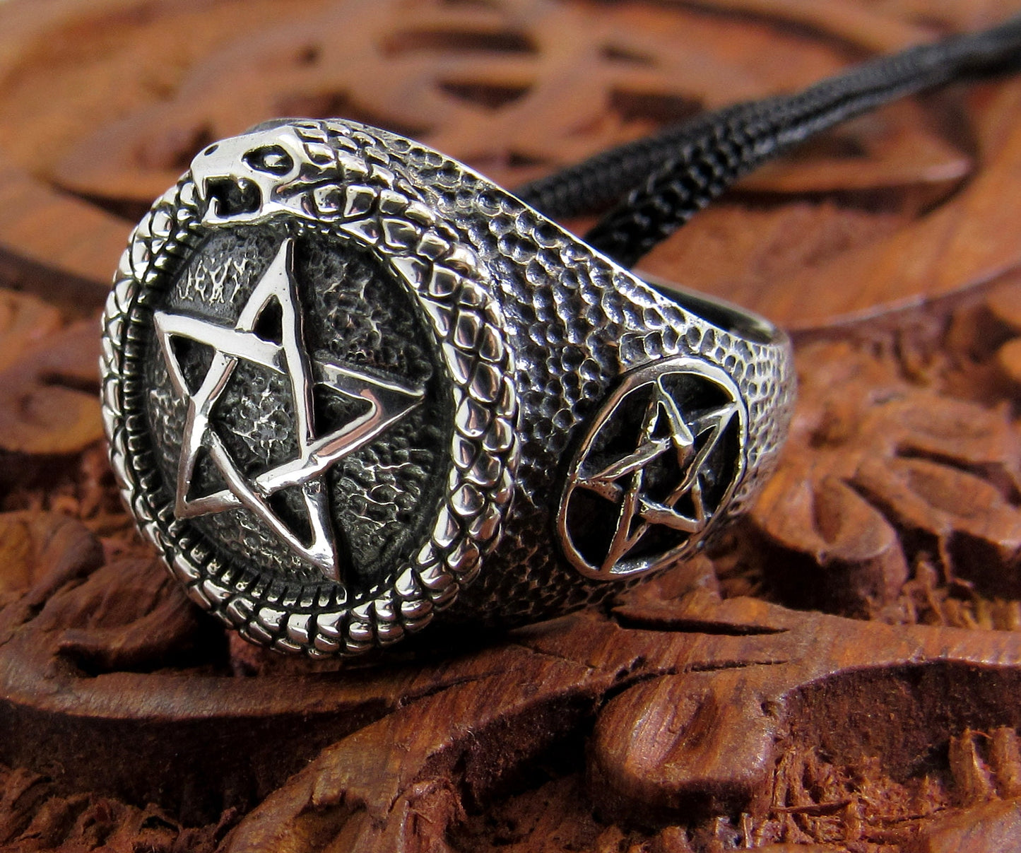 Solid 925 Sterling Silver Men's Ouroboros Pentacle Pentagram Ring, Handcrafted Signet Ring Pendant on Nylon Cord, Sizes 10-14