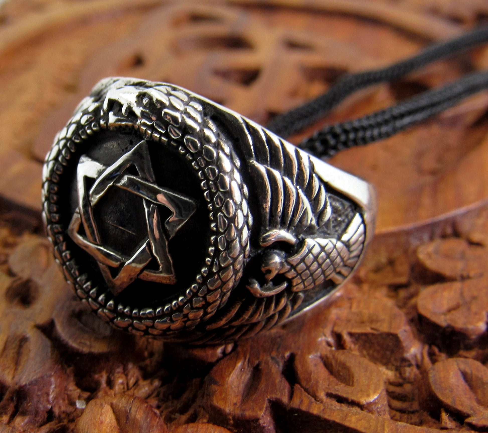 Solid 925 Sterling Silver Men's Jewish Star of David Ring, Handcrafted Signet Ring Pendant on Nylon Cord, Sizes 10-14