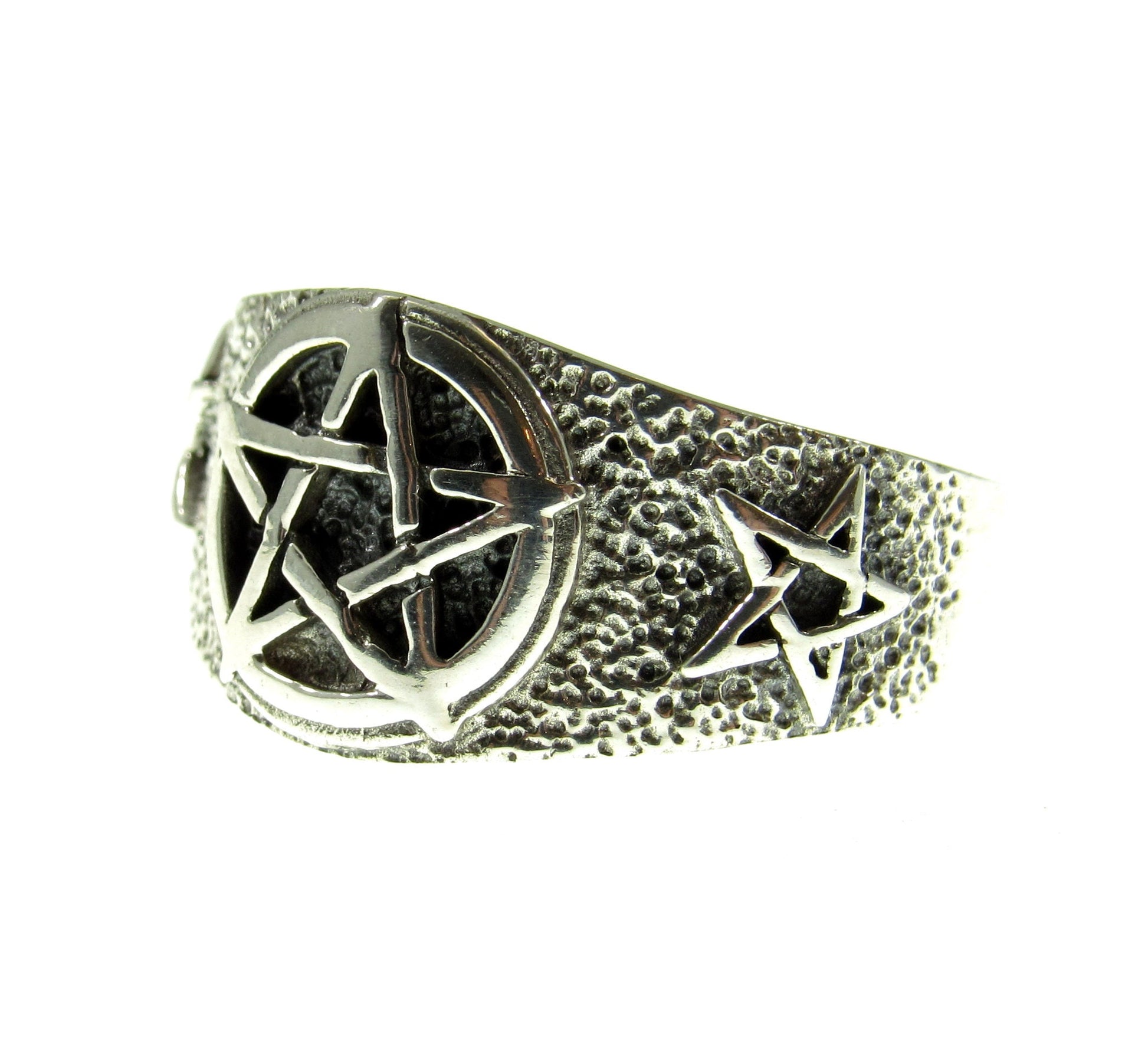 Solid 925 Sterling Silver Men's Triple Pentacle Pentagram Ring, Handcrafted Signet Ring Pendant on Nylon Cord, Sizes 10-14