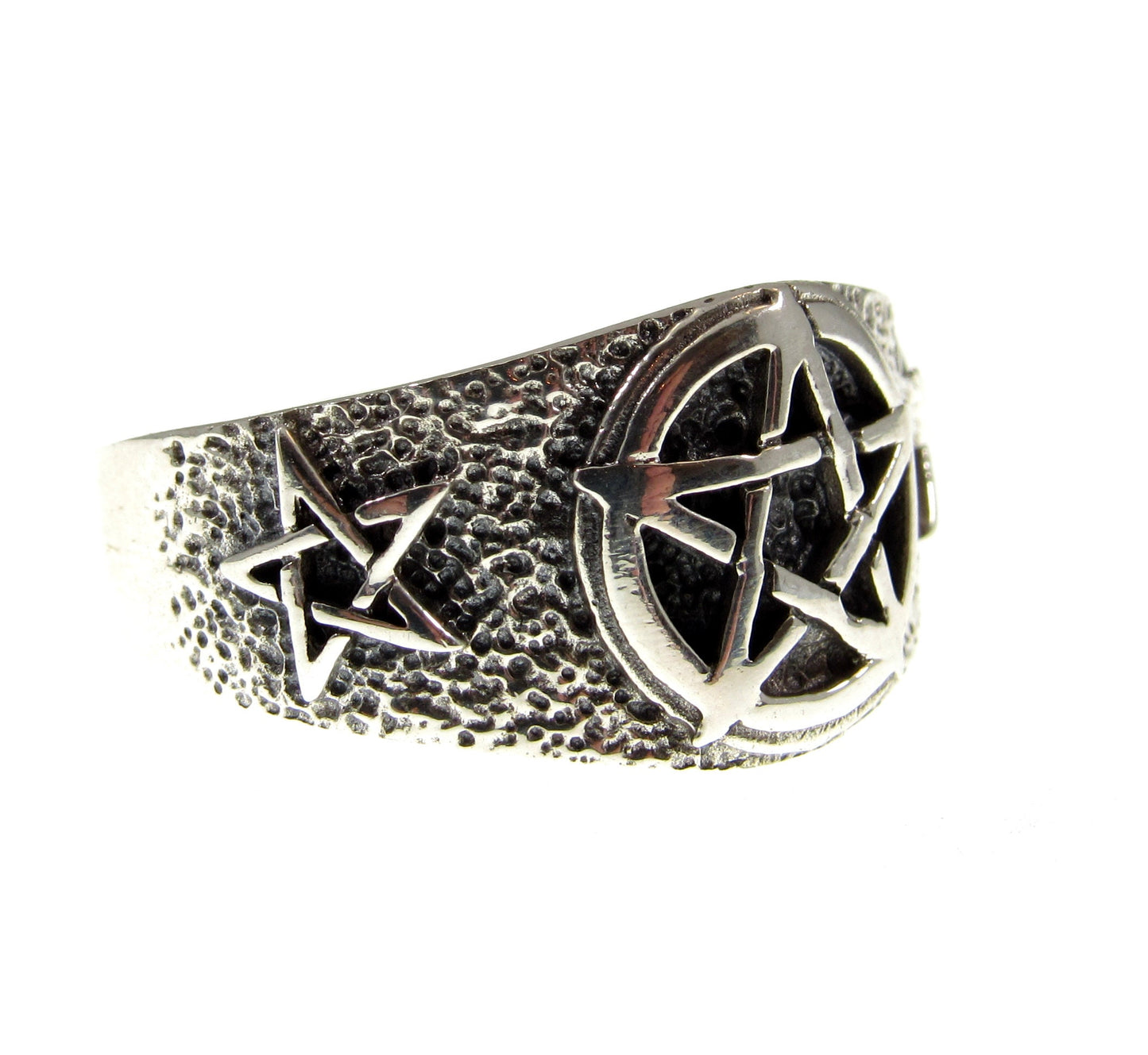 Solid 925 Sterling Silver Men's Triple Pentacle Pentagram Ring, Handcrafted Signet Ring Pendant on Nylon Cord, Sizes 10-14