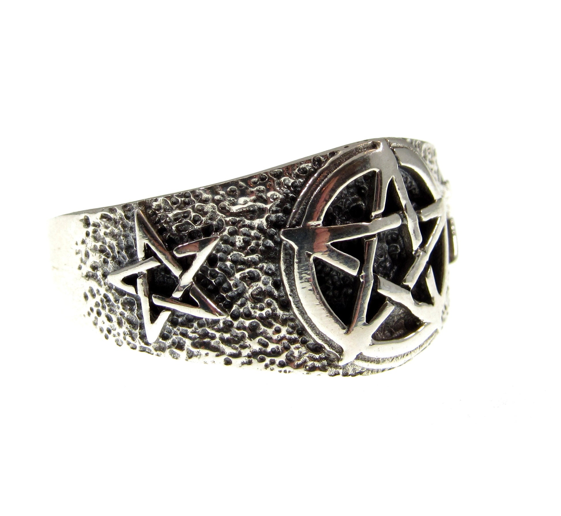 Solid 925 Sterling Silver Men's Triple Pentacle Pentagram Ring, Handcrafted Signet Ring Pendant on Nylon Cord, Sizes 10-14