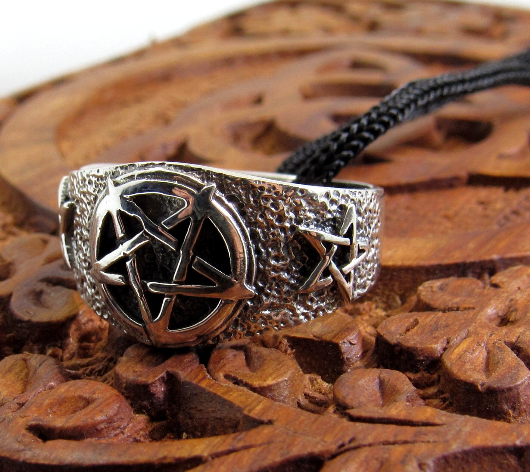 Solid 925 Sterling Silver Men's Triple Pentacle Pentagram Ring, Handcrafted Signet Ring Pendant on Nylon Cord, Sizes 10-14