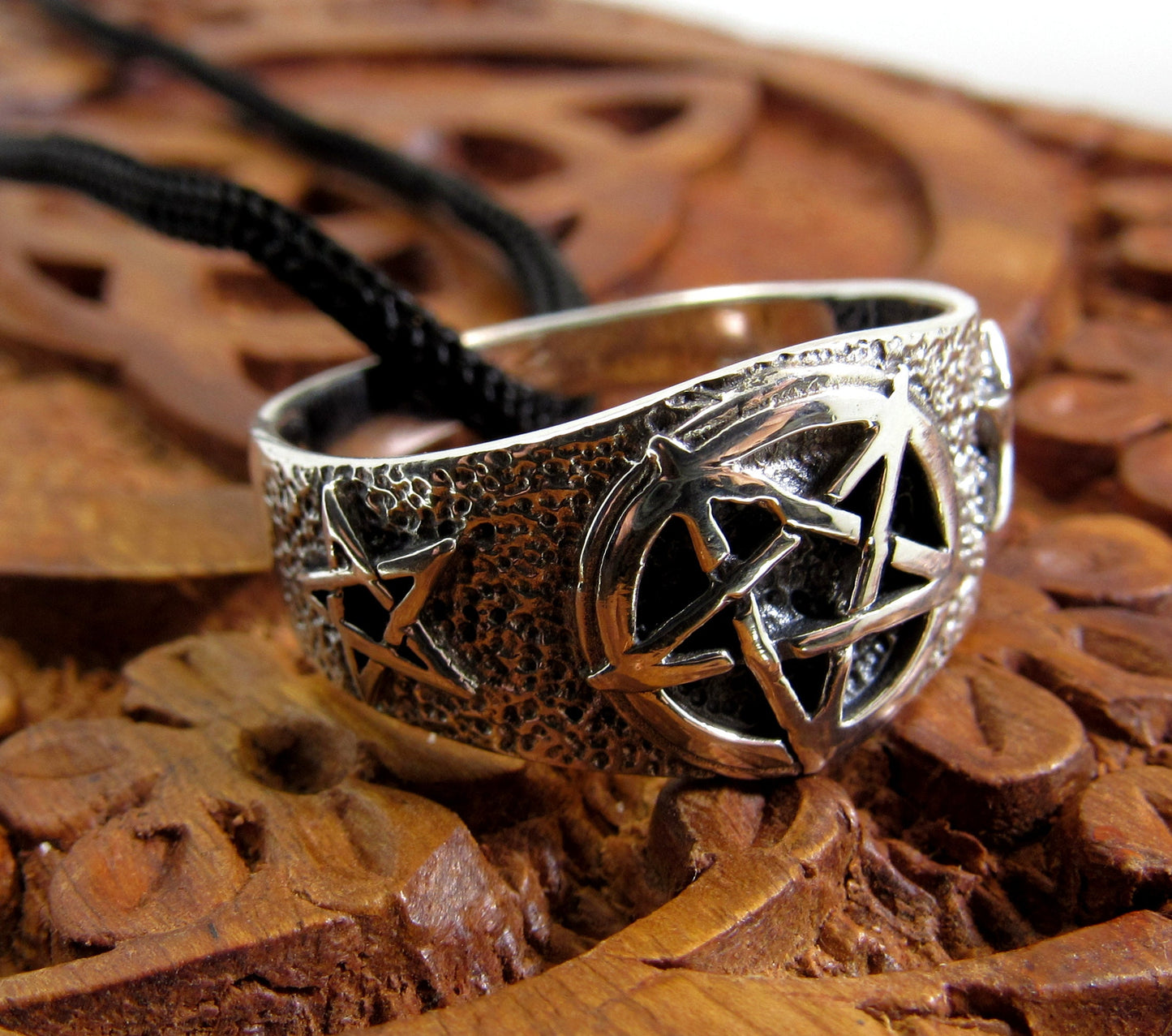 Solid 925 Sterling Silver Men's Triple Pentacle Pentagram Ring, Handcrafted Signet Ring Pendant on Nylon Cord, Sizes 10-14