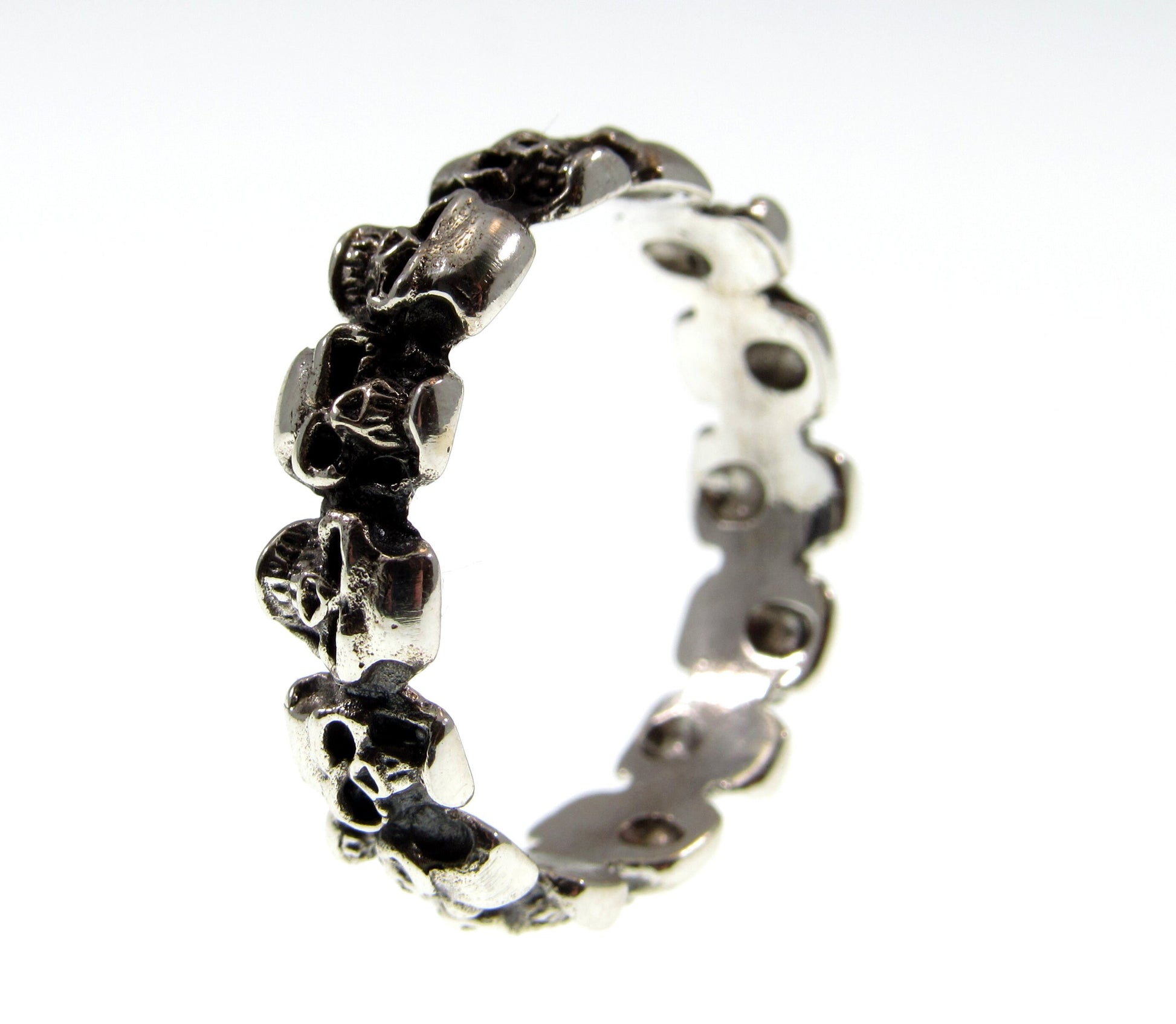 Solid 925 Sterling Silver Men's 14 Skulls Biker Skull Band Ring, Handcrafted Signet Ring Pendant on Nylon Cord, Sizes 10-14