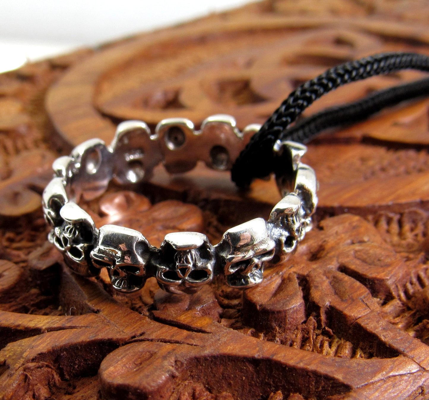 Solid 925 Sterling Silver Men's 14 Skulls Biker Skull Band Ring, Handcrafted Signet Ring Pendant on Nylon Cord, Sizes 10-14