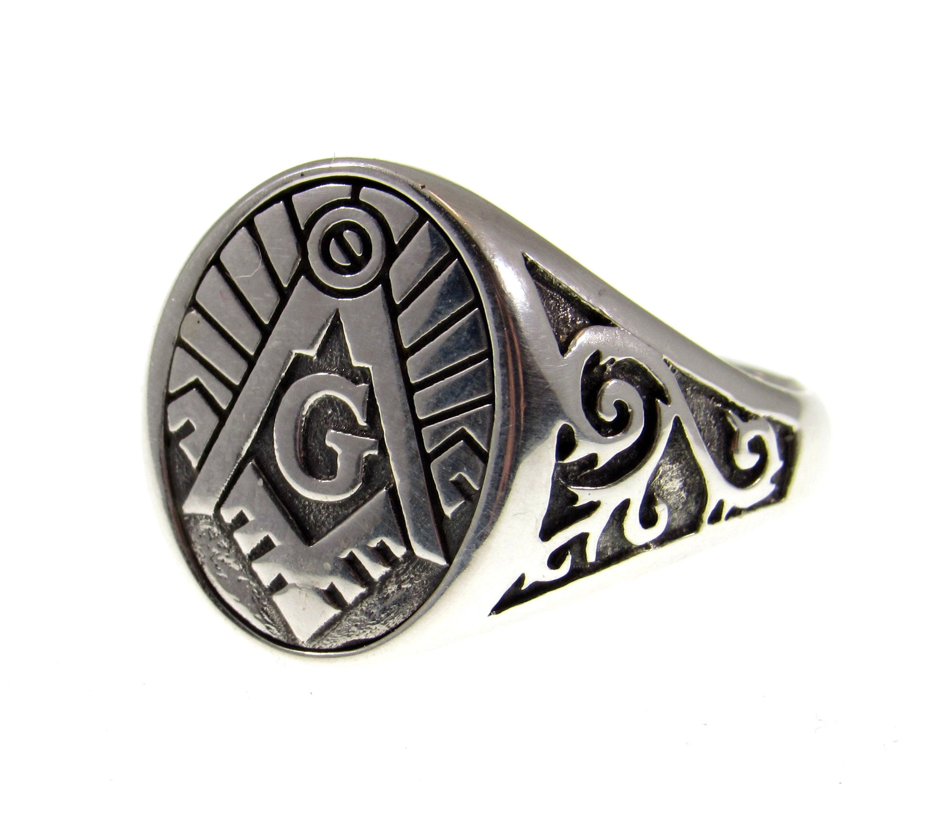 Solid 925 Sterling Silver Men's Freemason Ring, Handcrafted Square & Compasses Masonic Signet Ring Pendant on Nylon Cord, Sizes 10-14