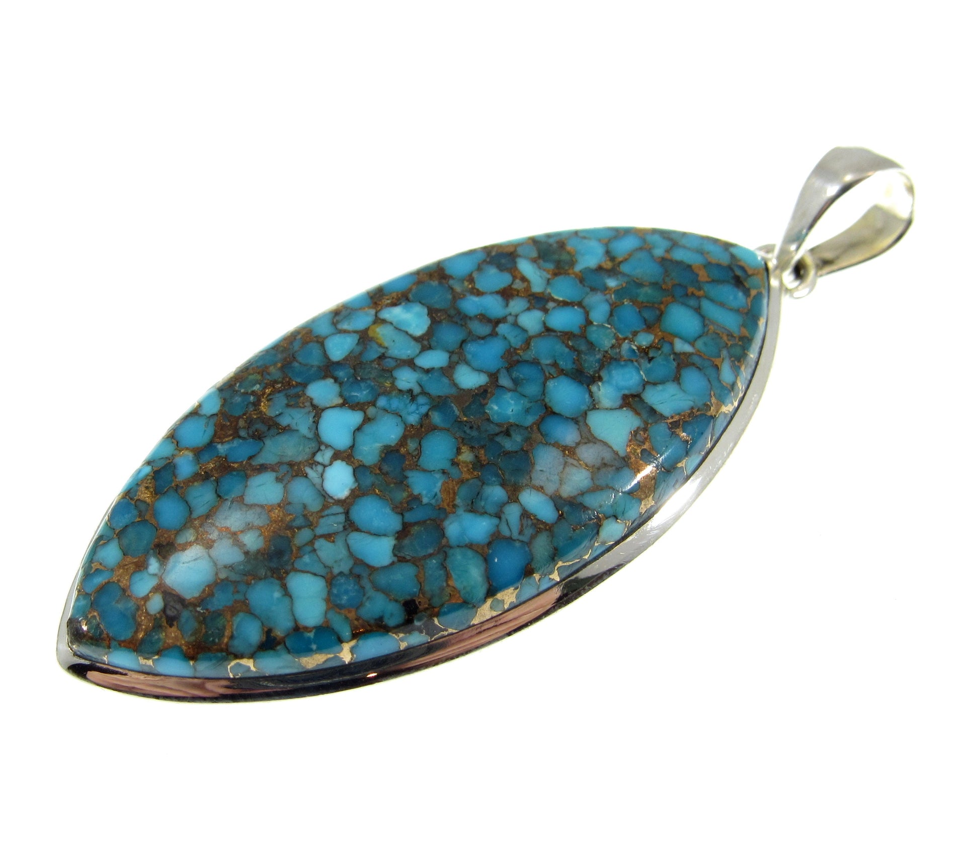 Large Solid 925 Sterling Silver Copper Turquoise Football Shaped Pendant, Handcrafted Gemstone Jewelry CT01