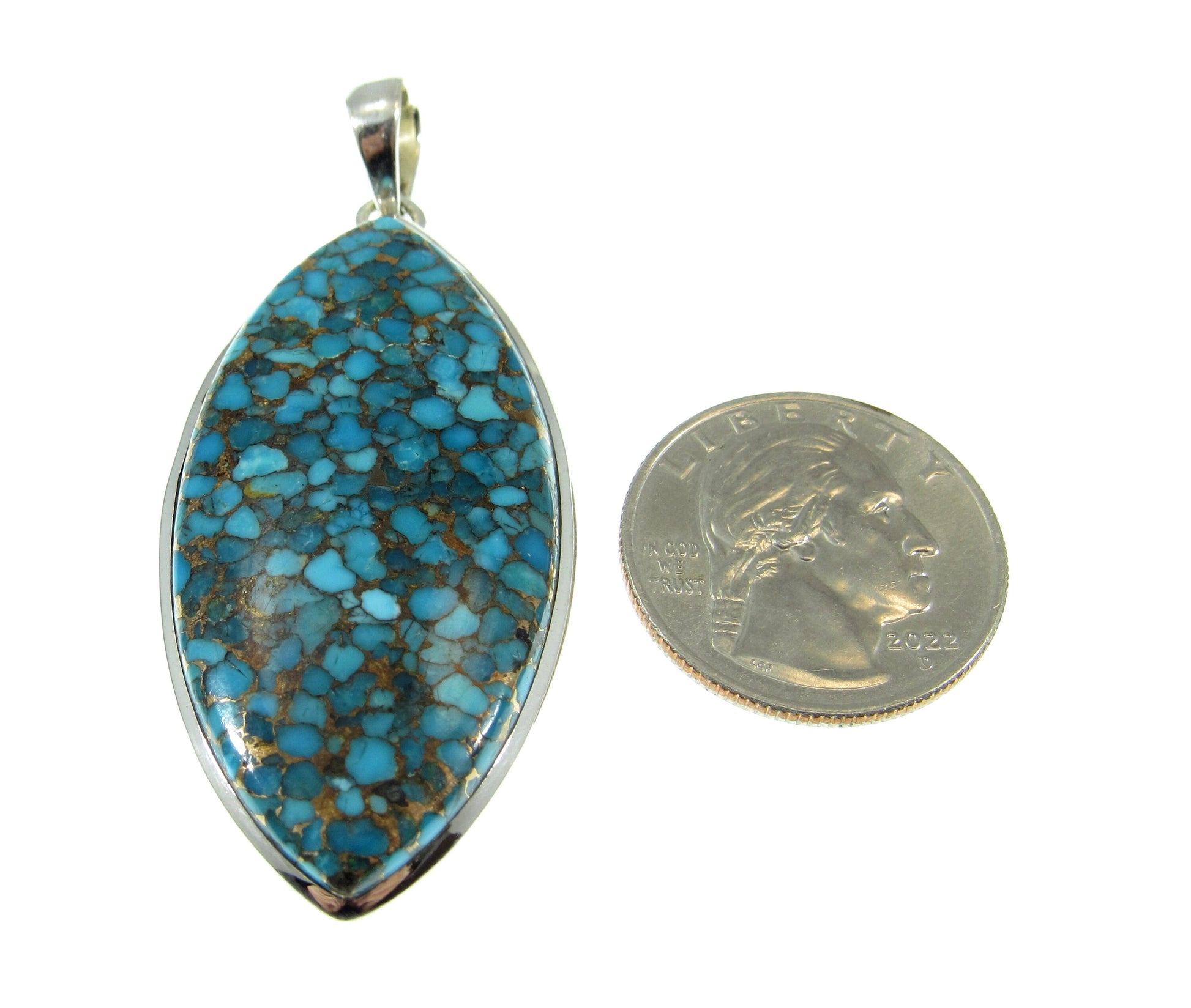 Large Solid 925 Sterling Silver Copper Turquoise Football Shaped Pendant, Handcrafted Gemstone Jewelry CT01
