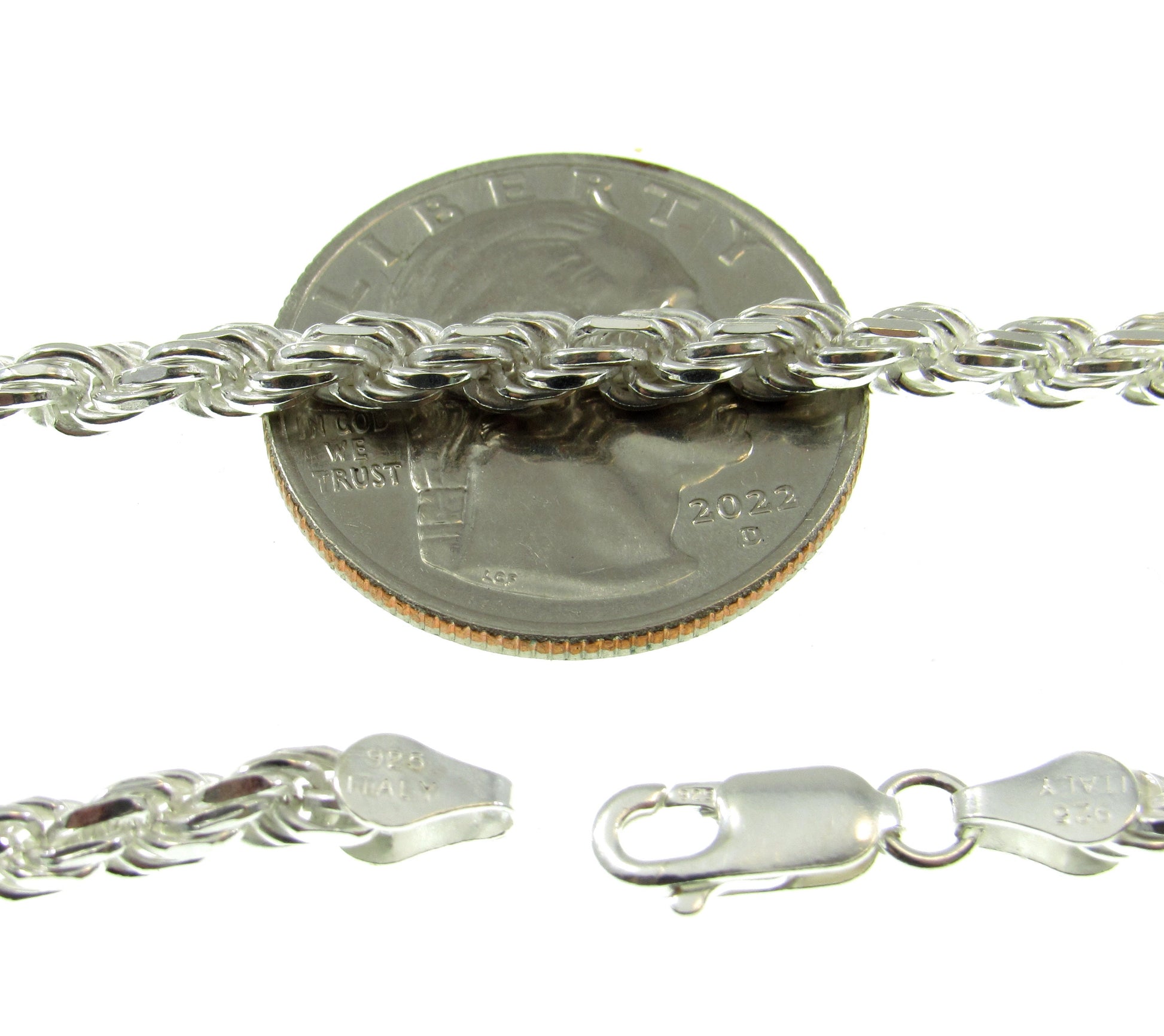 4MM Solid 925 Sterling Silver Italian Diamond Cut Rope Chain, Bracelet or Necklace, Made in Italy, 7 8 9 16 18 20 22 24 26 28 30 34" Inches