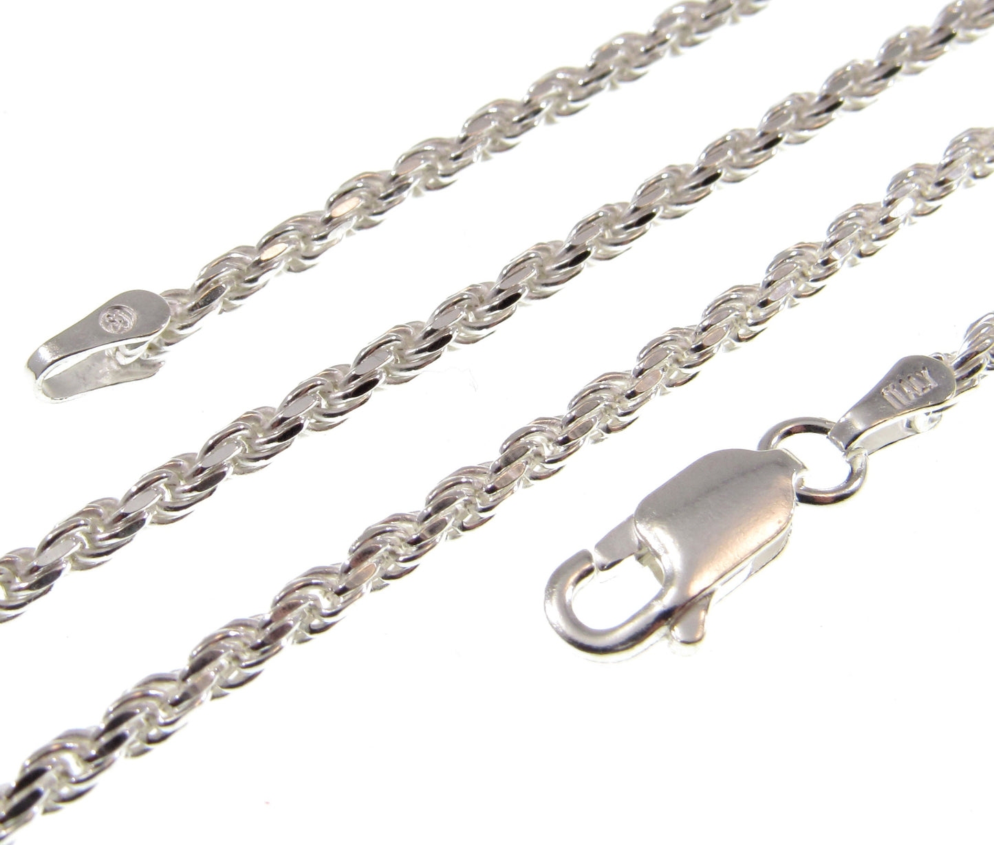 2.5MM Solid 925 Sterling Silver Italian Diamond Cut Rope Chain Necklace / Bracelet, Made in Italy 7 - 36 Inches, Unisex Jewelry Chain