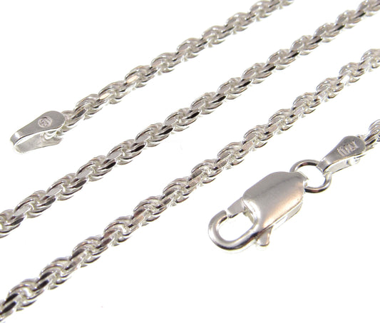 2.5MM Solid 925 Sterling Silver Italian Diamond Cut Rope Chain Necklace / Bracelet, Made in Italy 7 - 36 Inches, Unisex Jewelry Chain