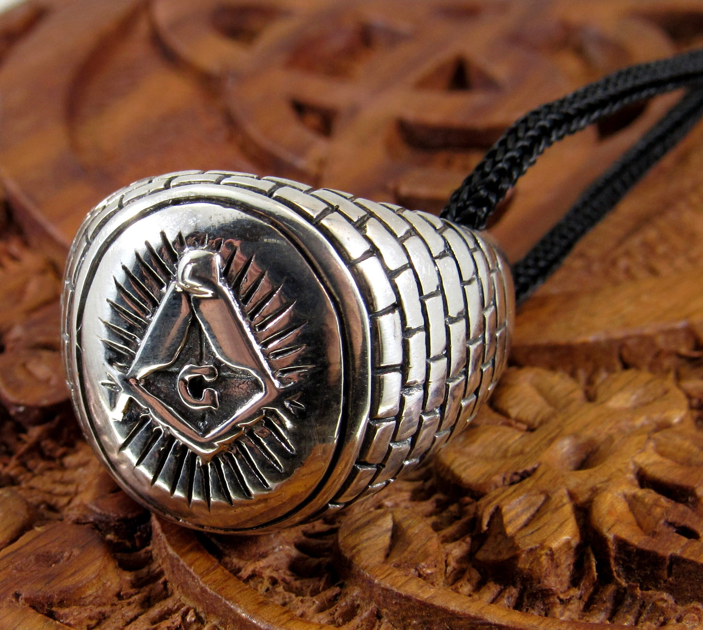 Solid 925 Sterling Silver Men's Freemason Ring, Handcrafted Egyptian Masonic Signet Ring Pendant on Nylon Cord, Sizes 7-13