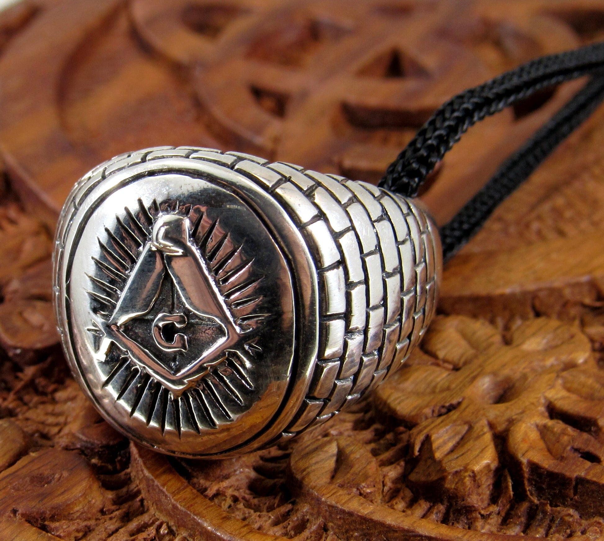 Solid 925 Sterling Silver Men's Freemason Ring, Handcrafted Egyptian Masonic Signet Ring Pendant on Nylon Cord, Sizes 7-13