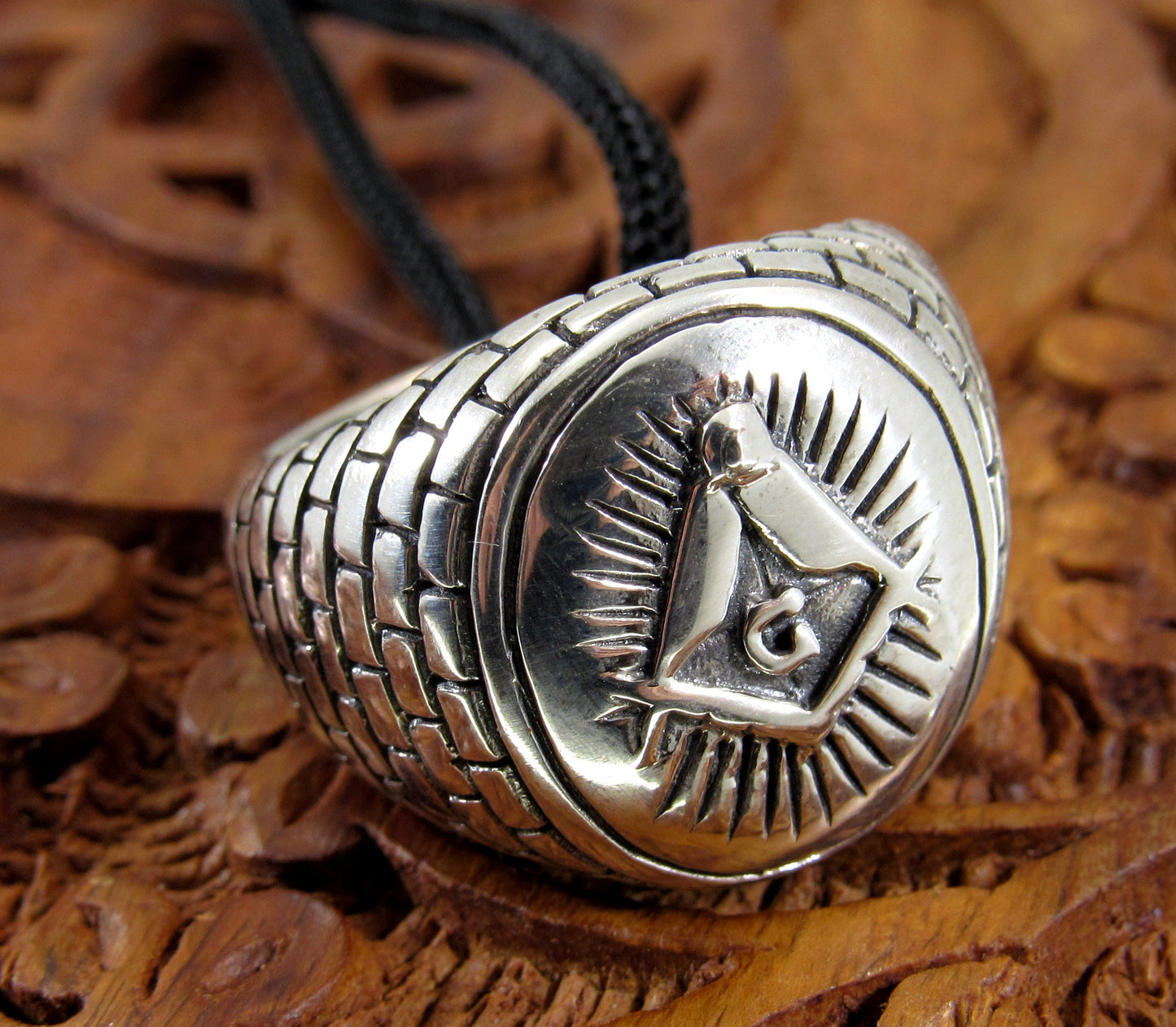 Solid 925 Sterling Silver Men's Freemason Ring, Handcrafted Egyptian Masonic Signet Ring Pendant on Nylon Cord, Sizes 7-13