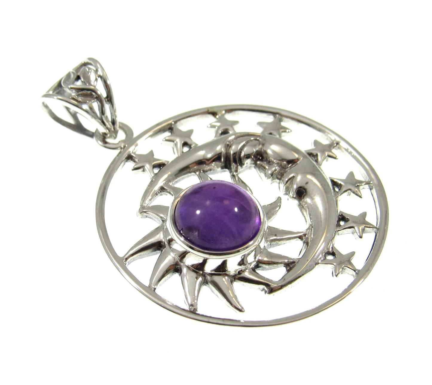 Solid 925 Sterling Silver Sun Moon & Stars Pendant, Handcrafted with Gemstone, Unique Mystical Amulet, Cosmic Celestial Wiccan Jewelry
