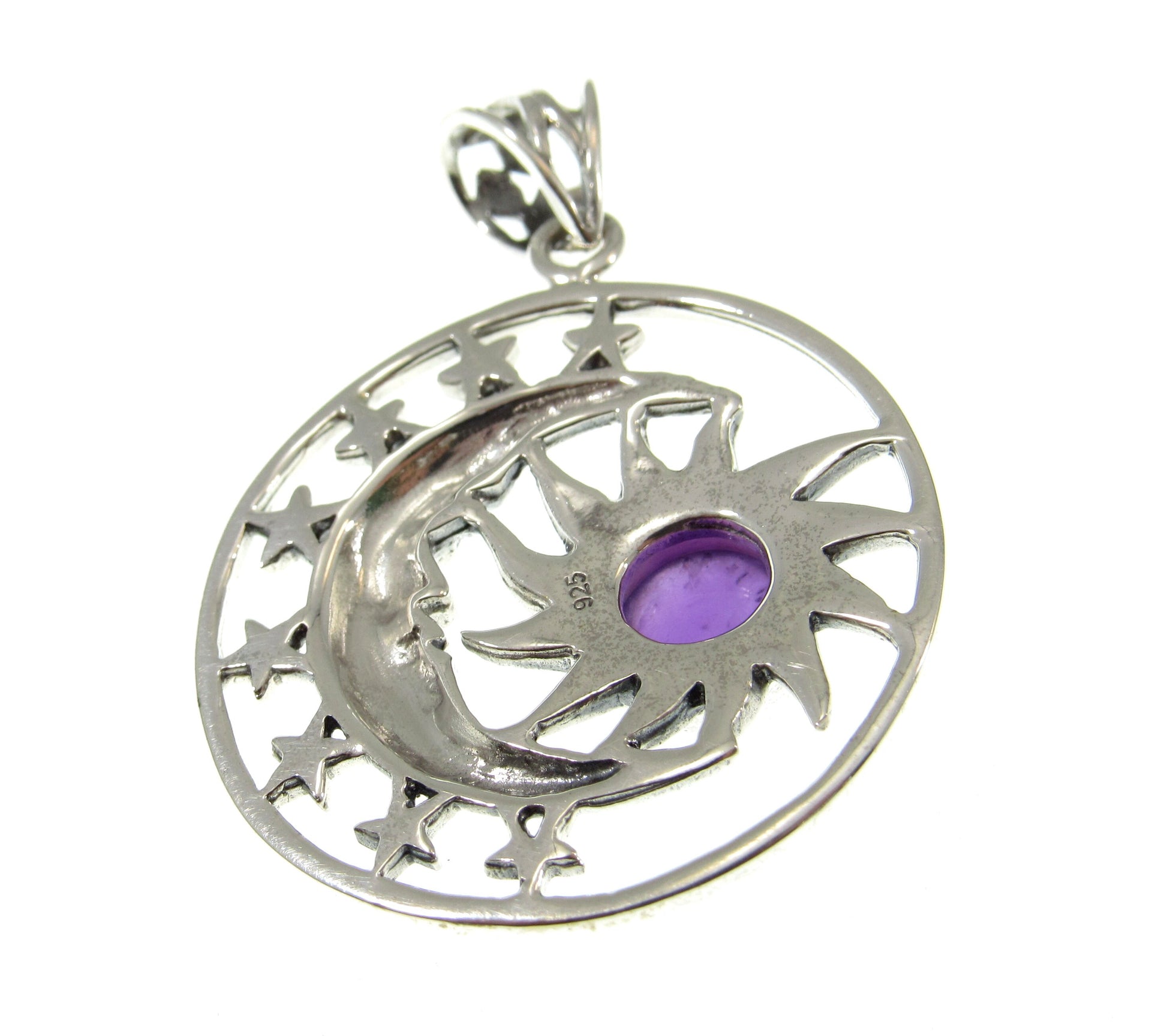 Solid 925 Sterling Silver Sun Moon & Stars Pendant, Handcrafted with Gemstone, Unique Mystical Amulet, Cosmic Celestial Wiccan Jewelry