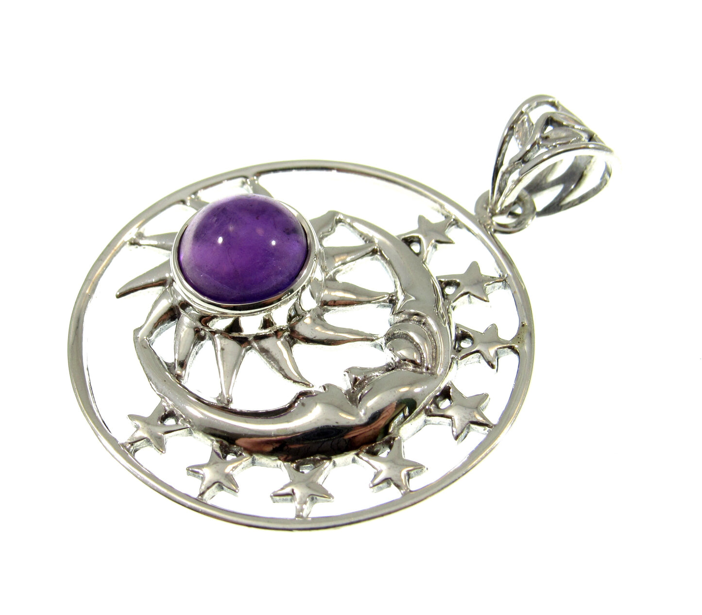 Solid 925 Sterling Silver Sun Moon & Stars Pendant, Handcrafted with Gemstone, Unique Mystical Amulet, Cosmic Celestial Wiccan Jewelry