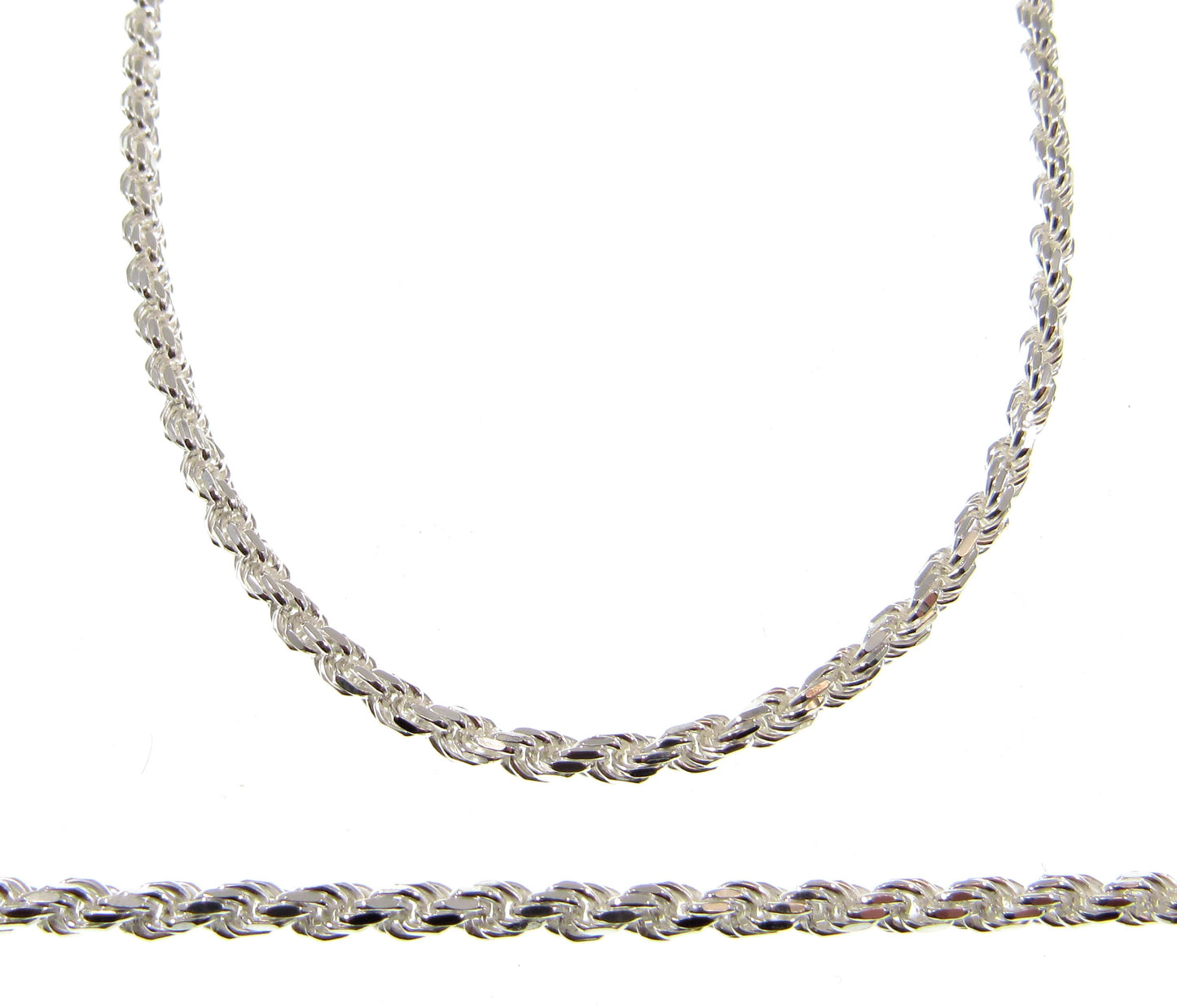 3MM Solid 925 Sterling Silver Italian Diamond Cut Rope Chain, Unisex Bracelet or Necklace, Made in Italy, 7"-36" Inches