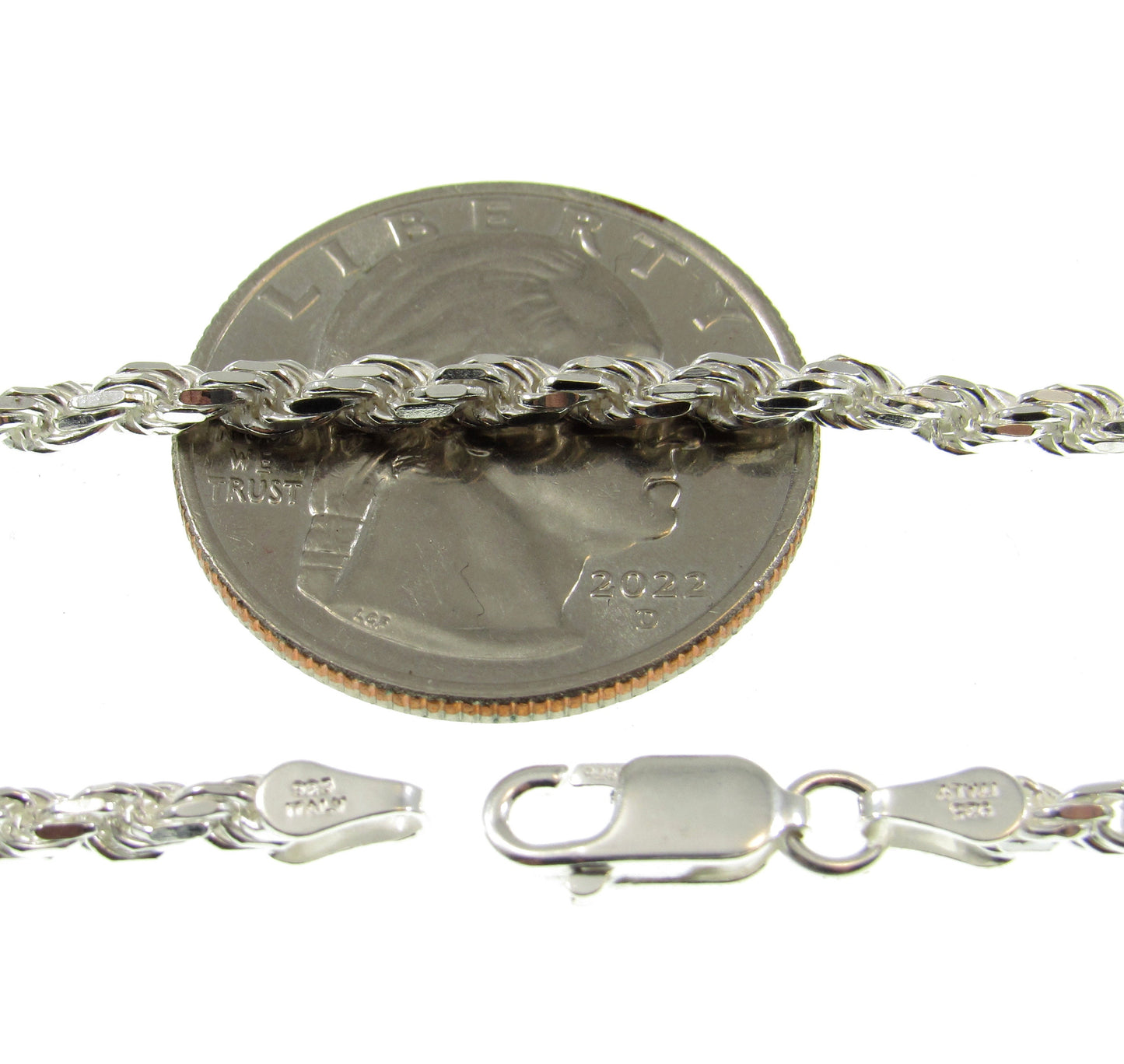 3MM Solid 925 Sterling Silver Italian Diamond Cut Rope Chain, Unisex Bracelet or Necklace, Made in Italy, 7"-36" Inches