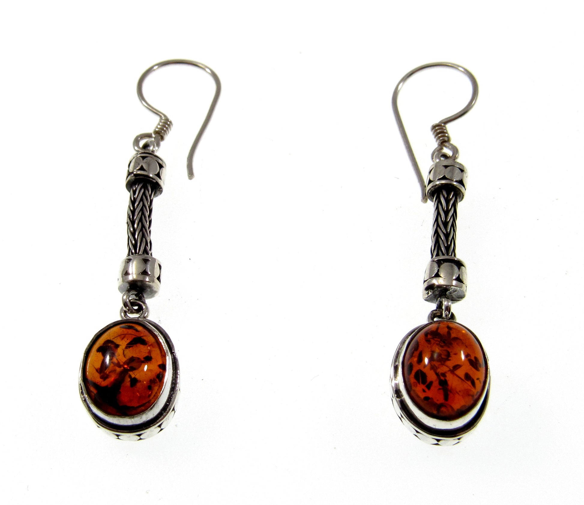 Solid 925 Sterling Silver Tribal Balinese Earrings, Handcrafted Foxtail Weave Baltic Amber Drop Dangle Hook Earrings, Made in Bali