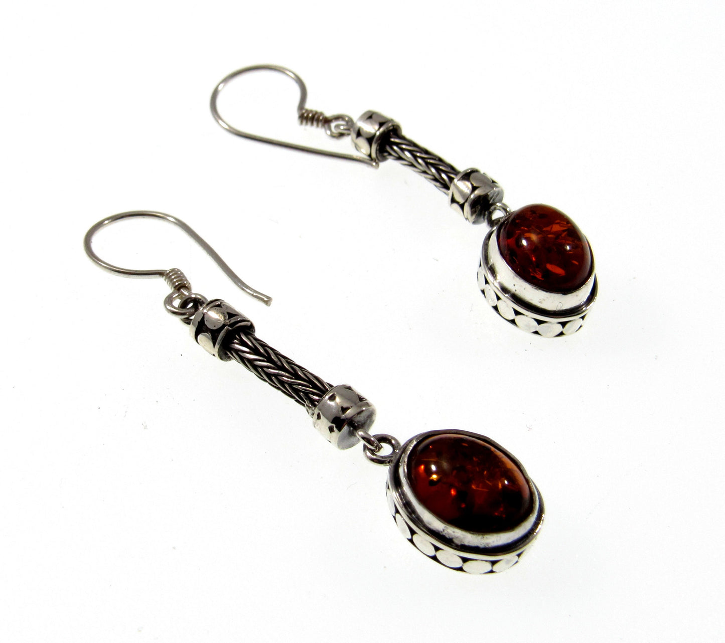 Solid 925 Sterling Silver Tribal Balinese Earrings, Handcrafted Foxtail Weave Baltic Amber Drop Dangle Hook Earrings, Made in Bali