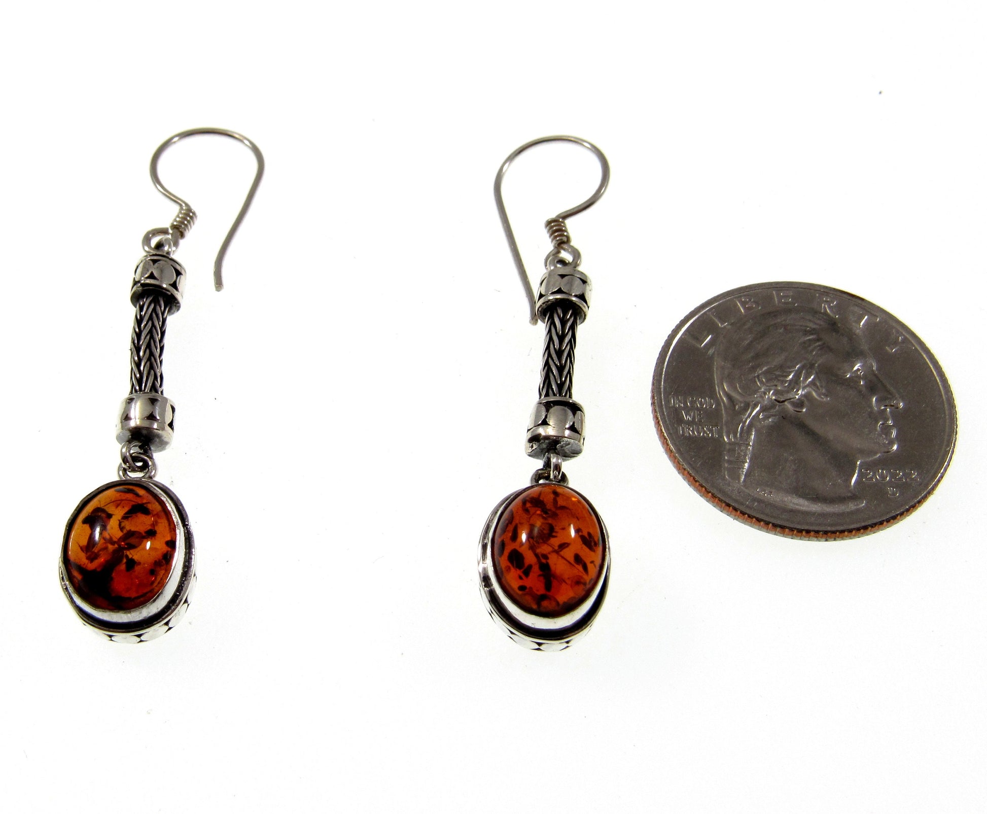 Solid 925 Sterling Silver Tribal Balinese Earrings, Handcrafted Foxtail Weave Baltic Amber Drop Dangle Hook Earrings, Made in Bali