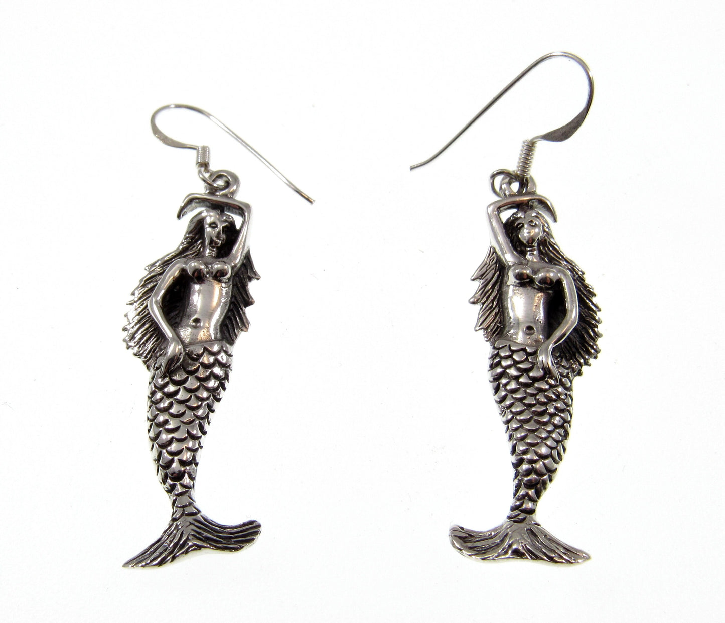 Solid 925 Sterling Silver Sea Siren Mermaid Earrings, Handcrafted Atargatis Drop Dangle Hook Earrings, Water Nymph Jewelry
