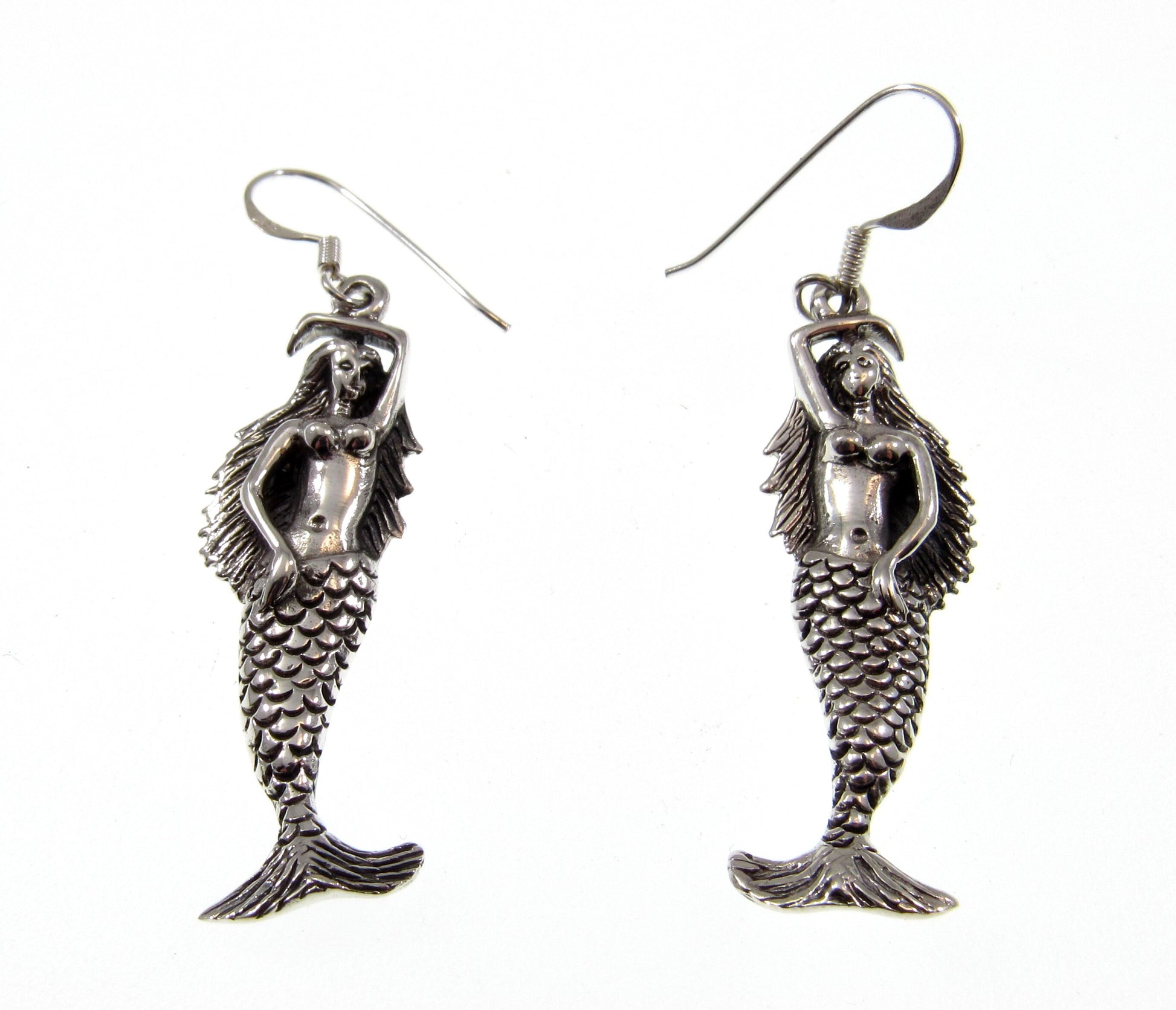 Solid 925 Sterling Silver Sea Siren Mermaid Earrings, Handcrafted Atargatis Drop Dangle Hook Earrings, Water Nymph Jewelry