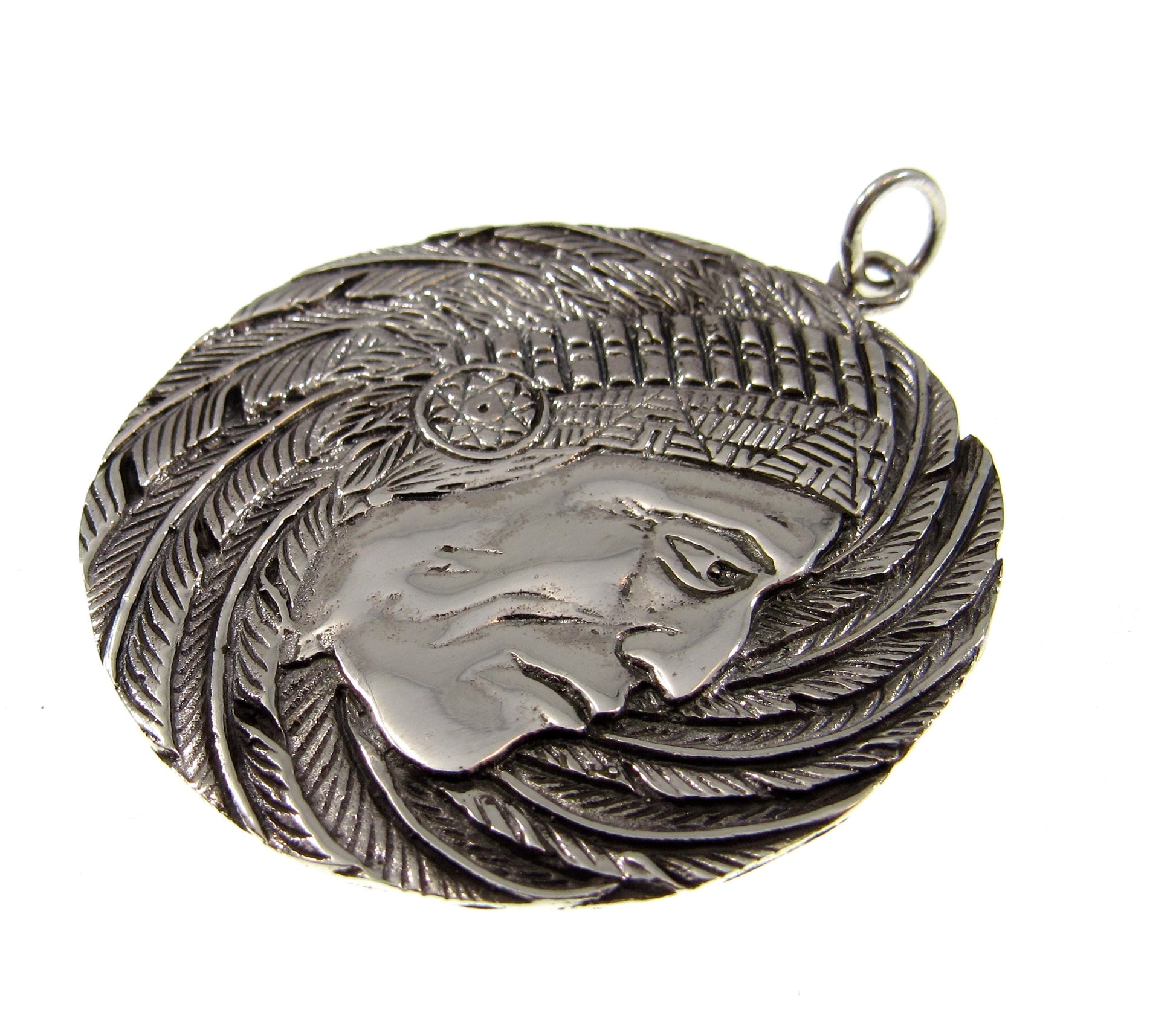 Solid 925 Sterling Silver Giant Indian Chief with Headdress Pendant, Large Handcrafted Medallion