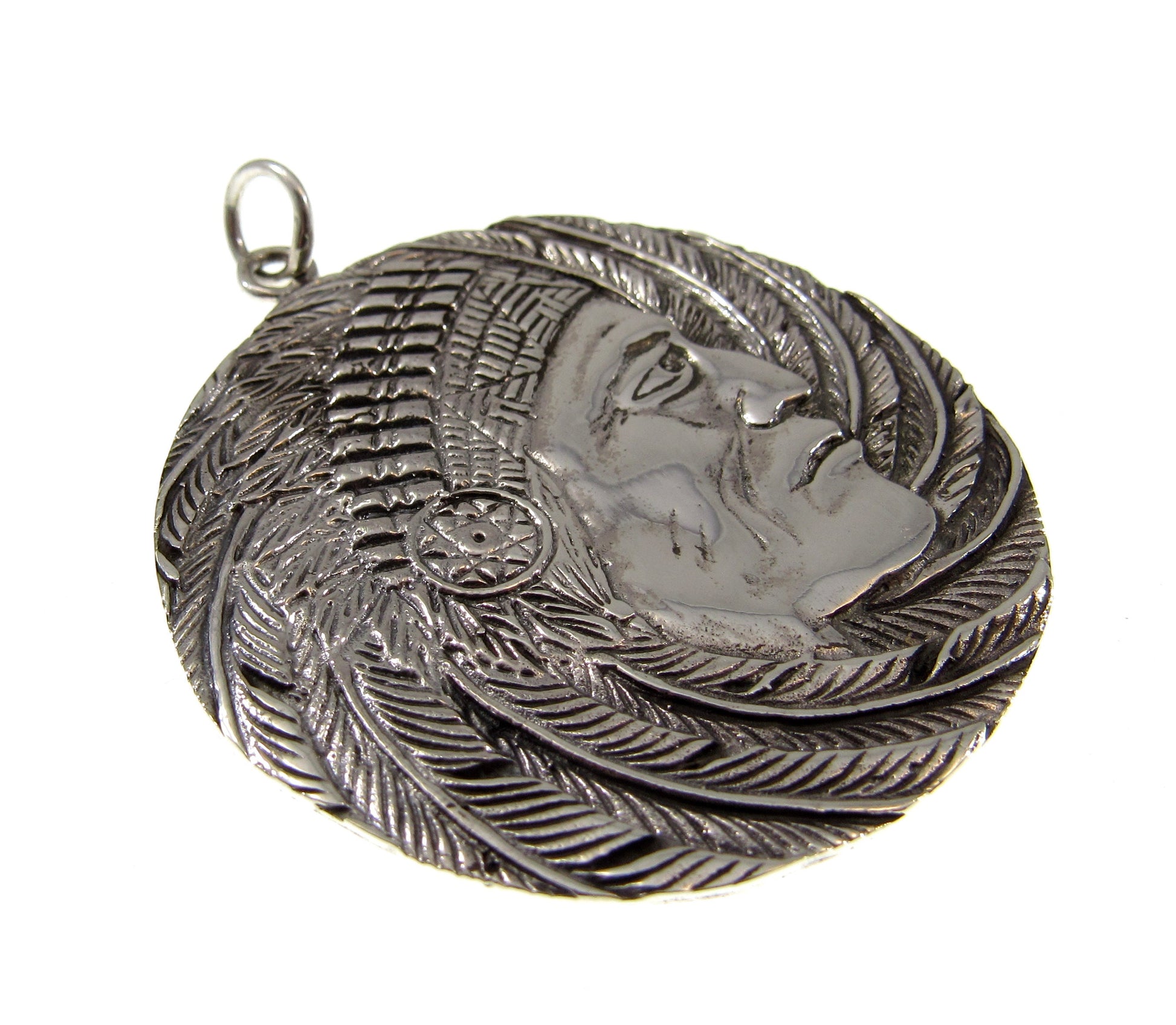 Solid 925 Sterling Silver Giant Indian Chief with Headdress Pendant, Large Handcrafted Medallion
